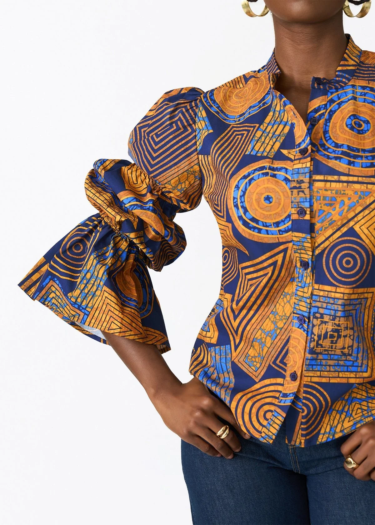 Manyara Women's African Print Peplum Blouse (Royal Blue Geometric) - Image 4