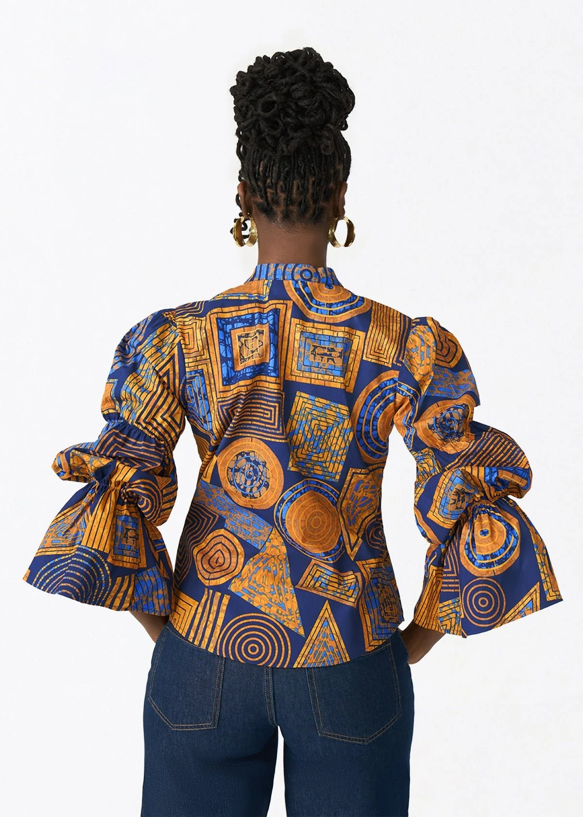 Manyara Women's African Print Peplum Blouse (Royal Blue Geometric) - Image 5
