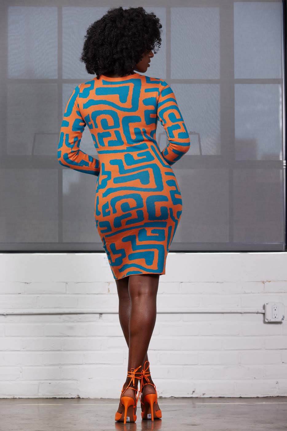 Marah Women's African Print Sweater Dress (Orange Blue Geometric) - Image 5
