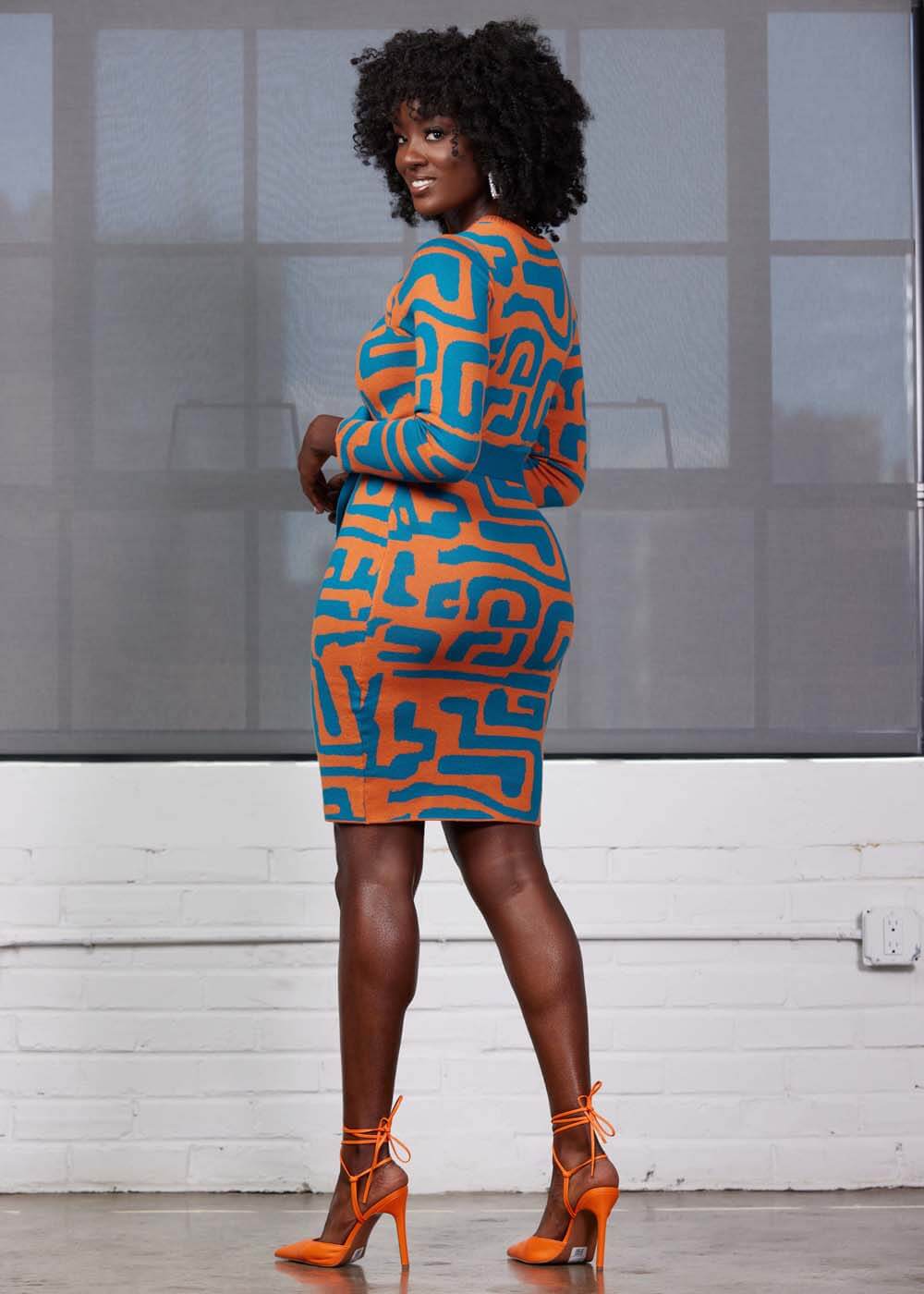 Marah Women's African Print Sweater Dress (Orange Blue Geometric) - Image 7