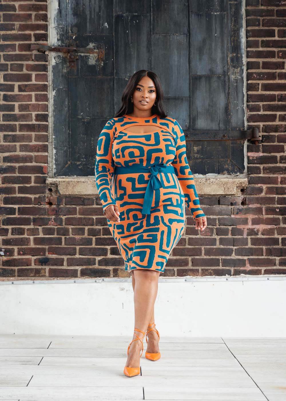 Marah Women's African Print Sweater Dress (Orange Blue Geometric) - Image 9