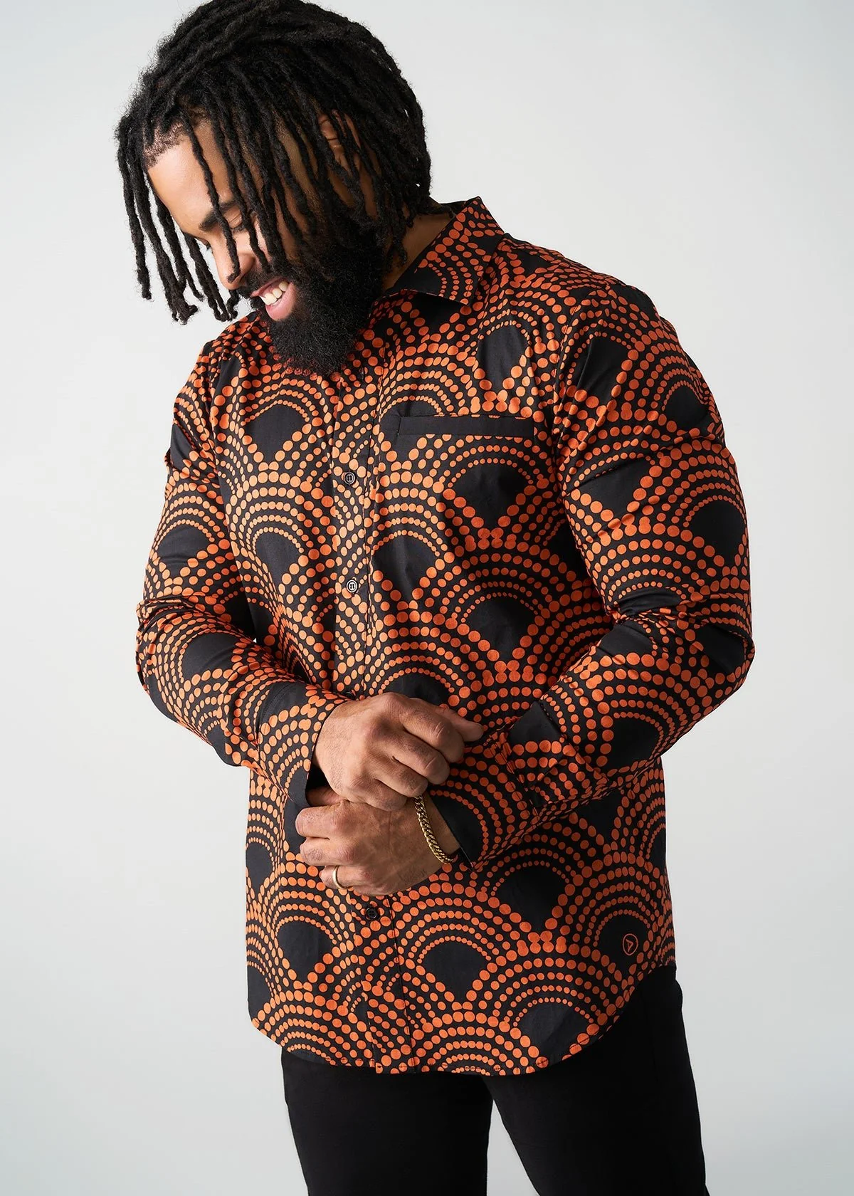 Mazi Men's African Print Button-up Shirt (Black Amber Dots) - Image 2