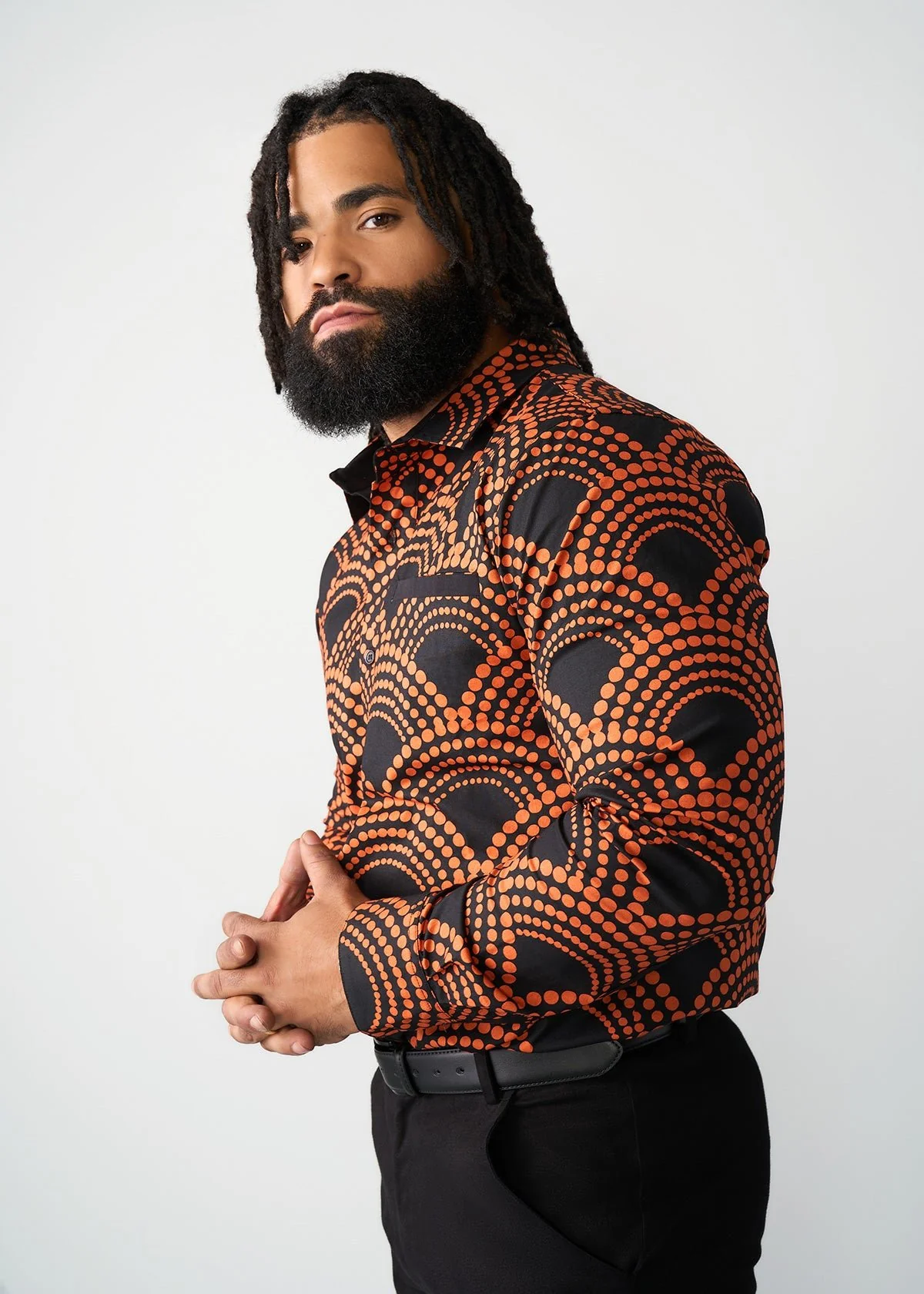 Mazi Men's African Print Button-up Shirt (Black Amber Dots) - Image 3