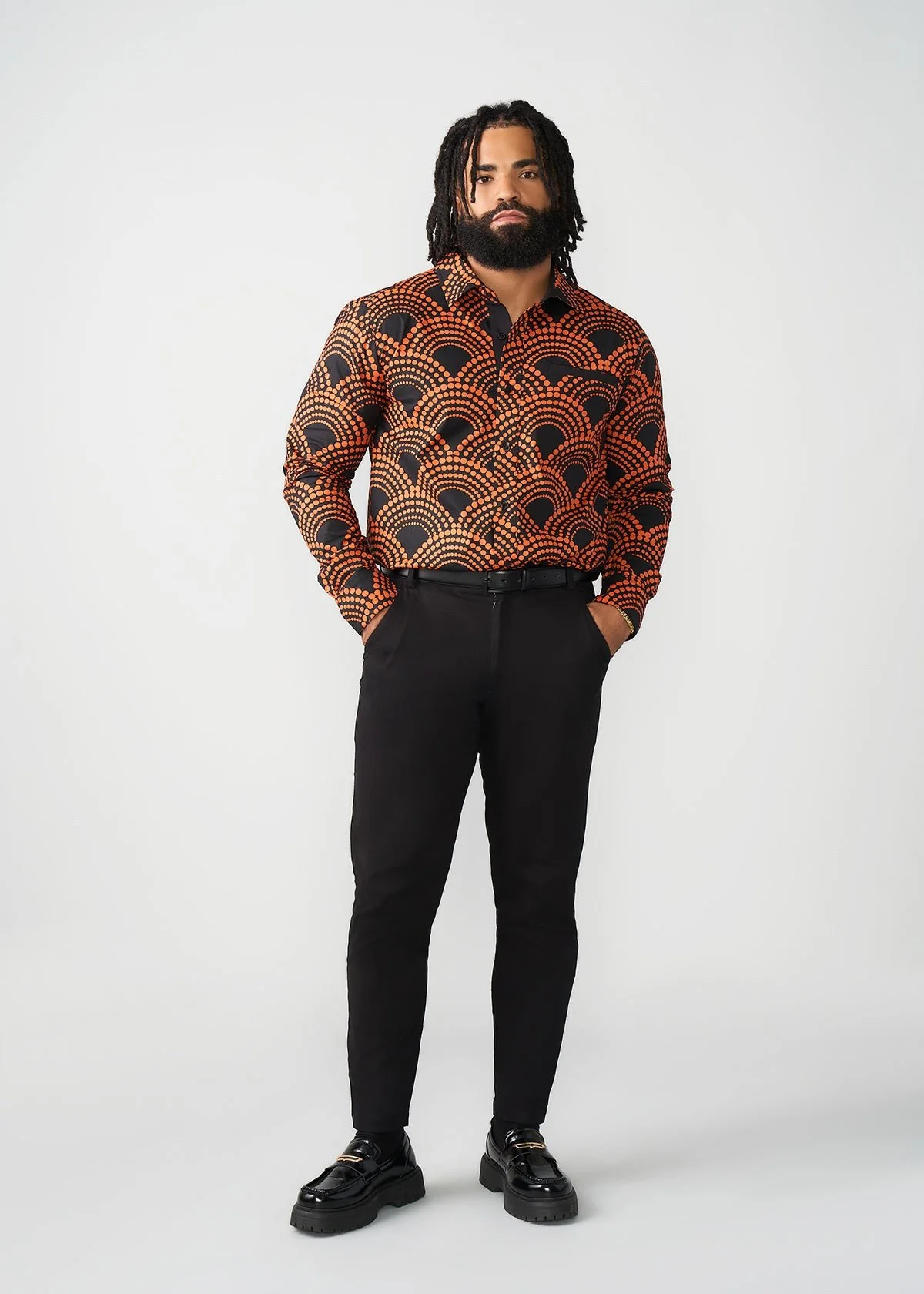 Mazi Men's African Print Button-up Shirt (Black Amber Dots) - Image 4