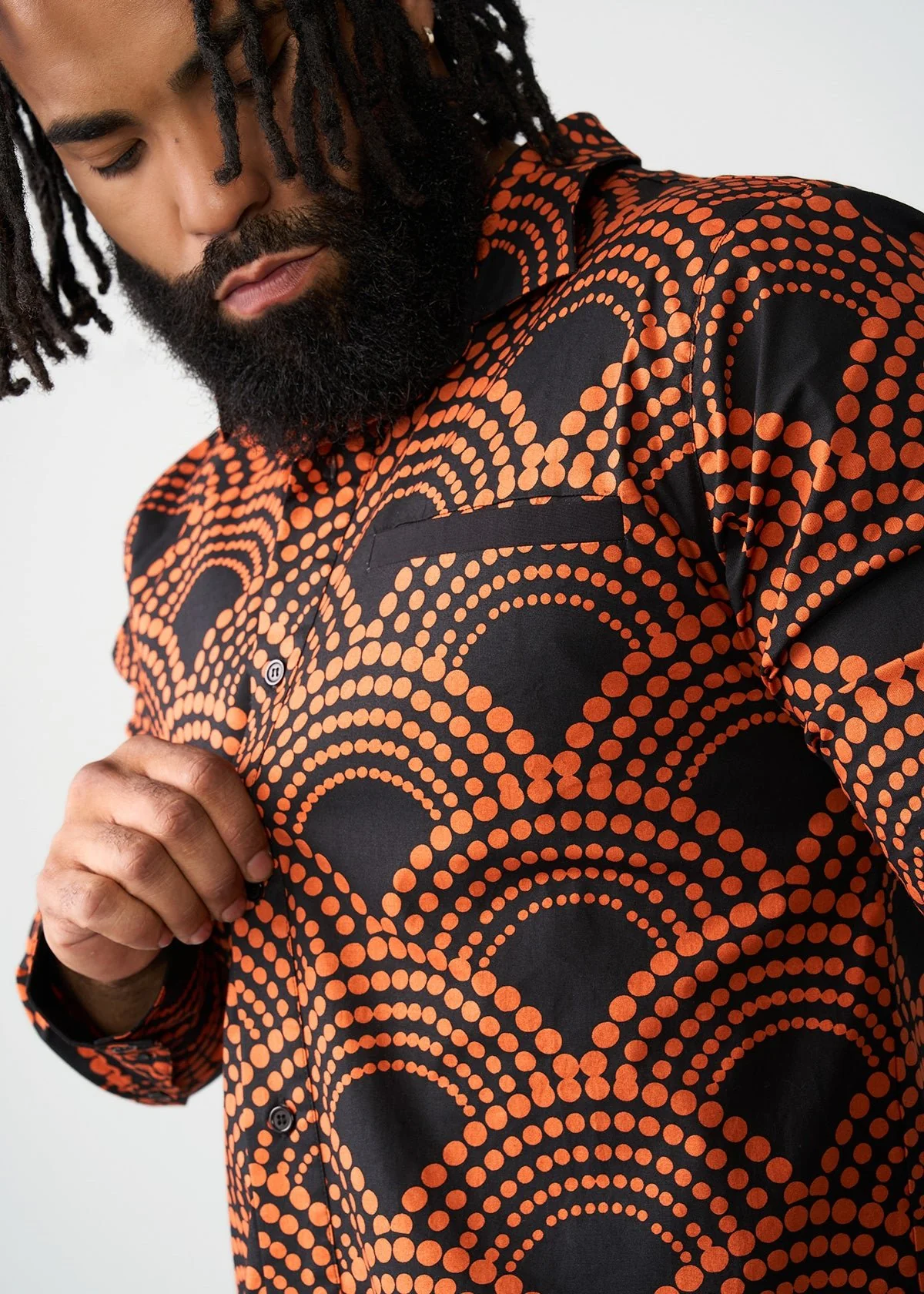 Mazi Men's African Print Button-up Shirt (Black Amber Dots) - Image 6
