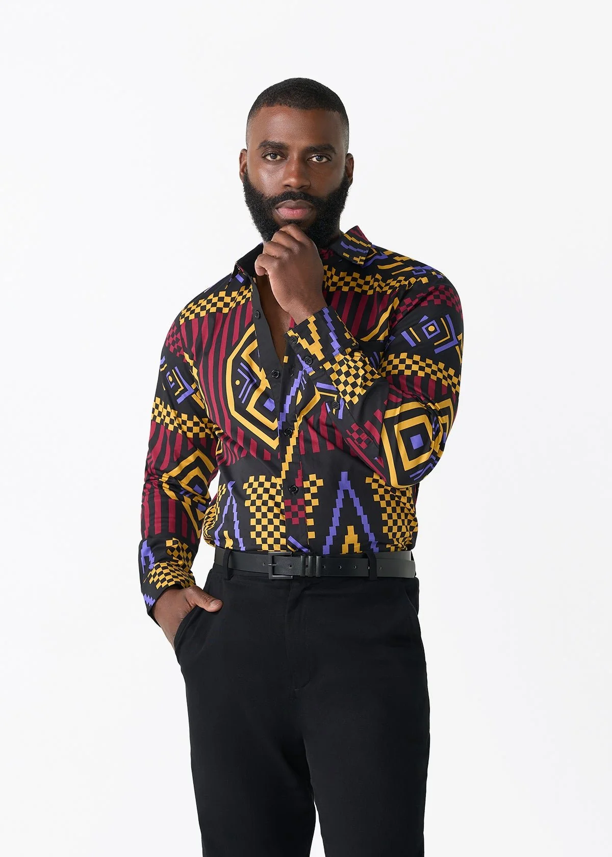 Mazi Men's African Print Button-up Shirt (Black Burgundy Tribal) - Clearance