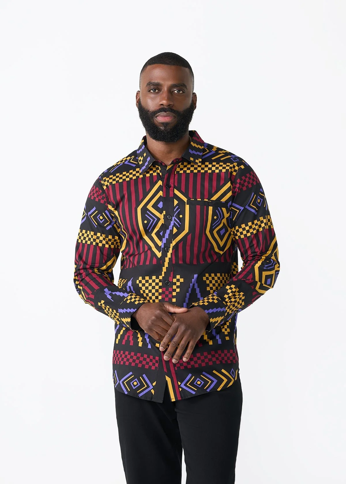 Mazi Men's African Print Button-up Shirt (Black Burgundy Tribal) - Clearance - Image 2