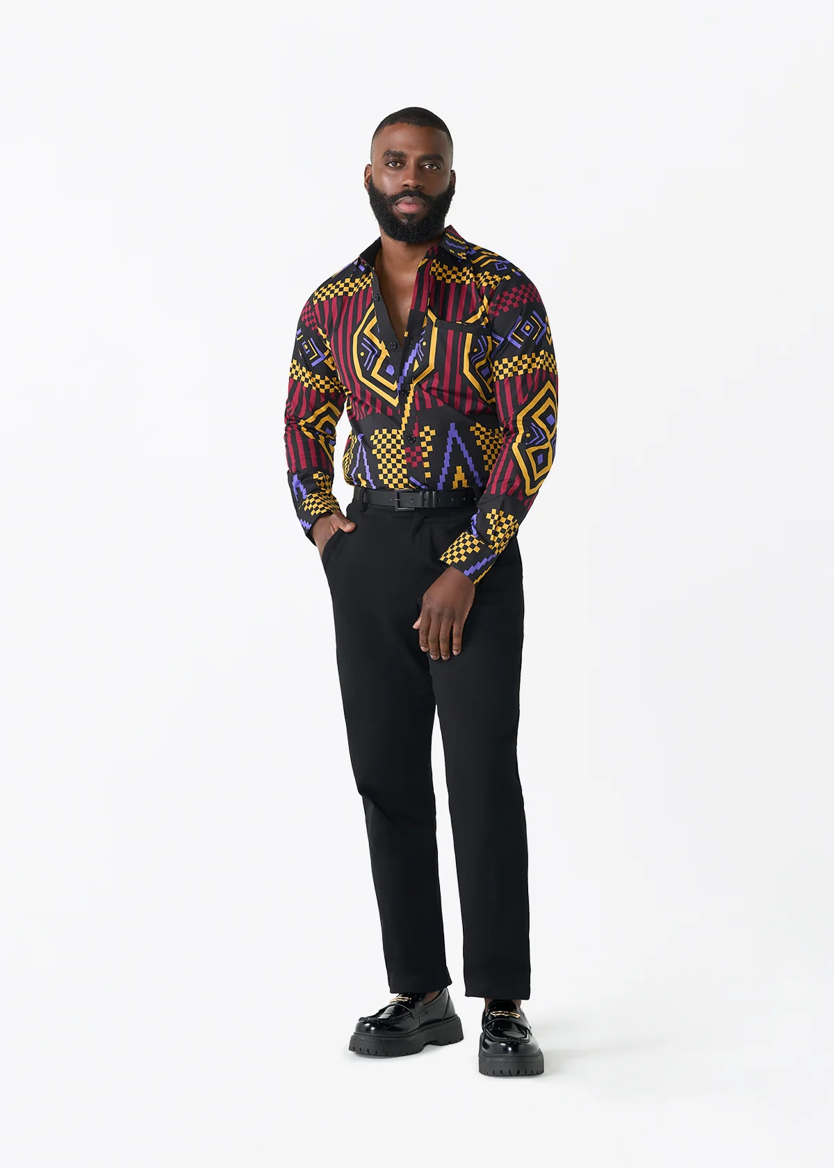 Mazi Men's African Print Button-up Shirt (Black Burgundy Tribal) - Clearance - Image 3