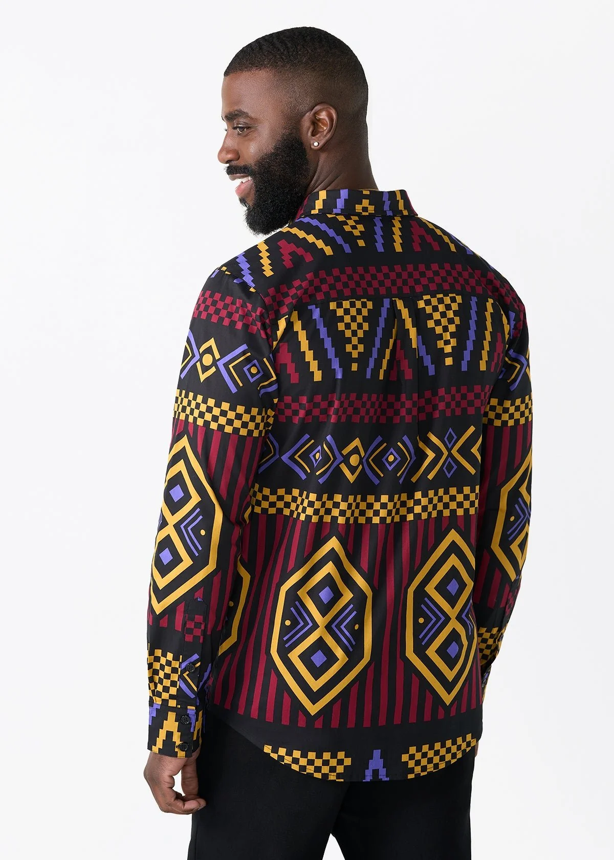 Mazi Men's African Print Button-up Shirt (Black Burgundy Tribal) - Clearance - Image 4