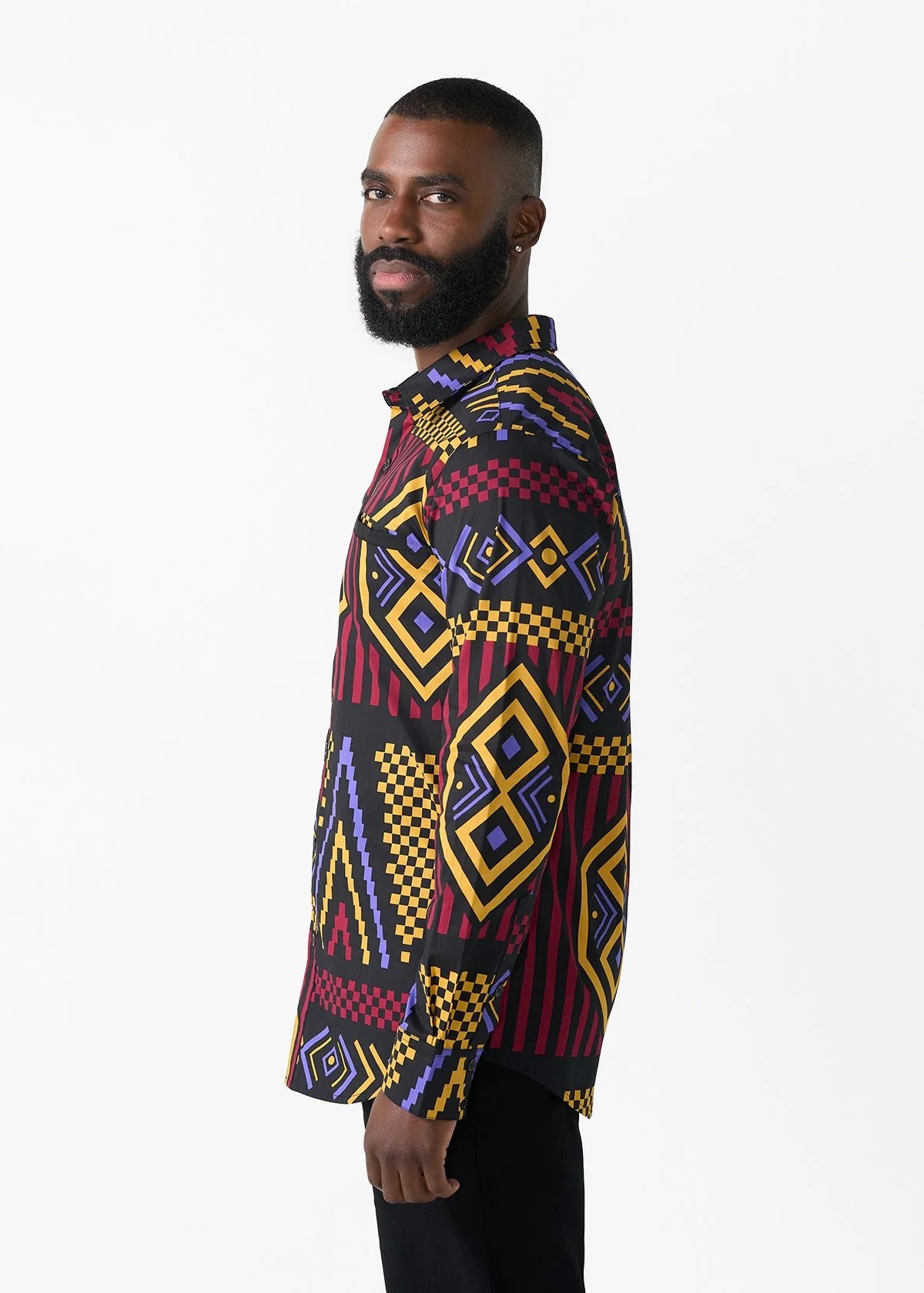 Mazi Men's African Print Button-up Shirt (Black Burgundy Tribal) - Clearance - Image 5