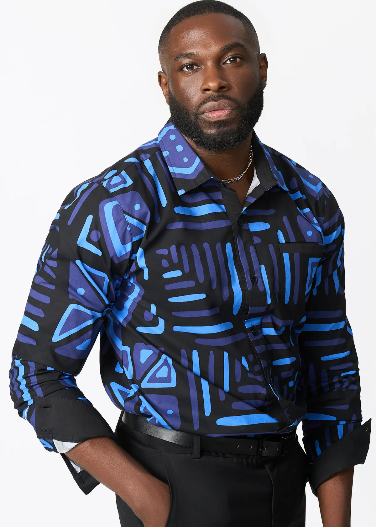 Mazi Men's African Print Button-up Shirt (Black Sapphire Tribal)