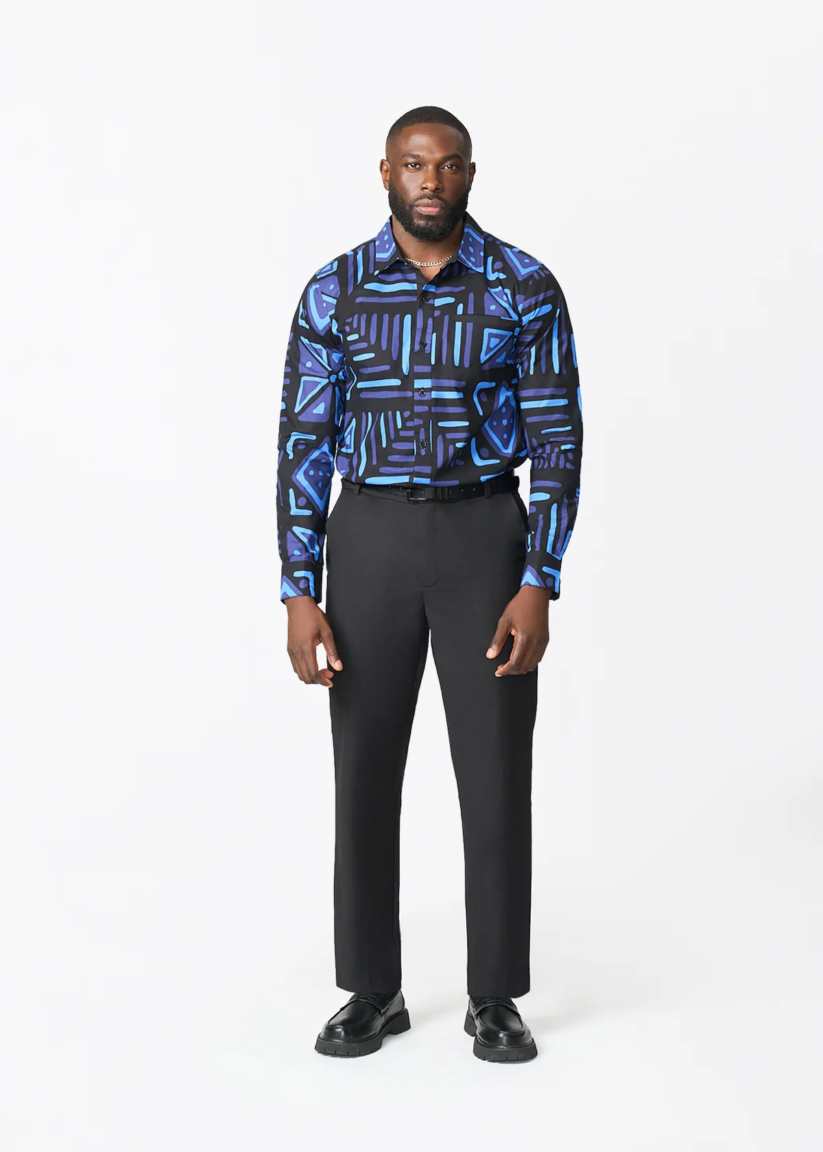 Mazi Men's African Print Button-up Shirt (Black Sapphire Tribal) - Image 2