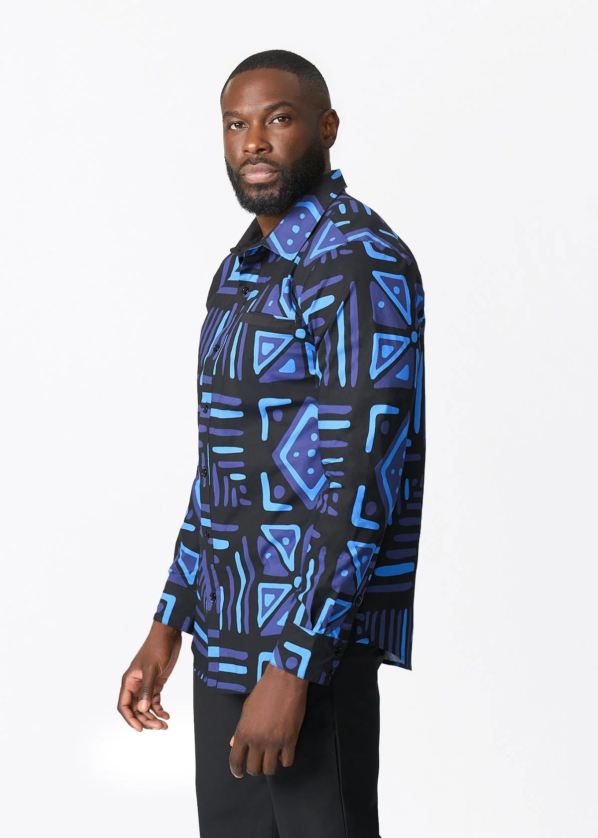 Mazi Men's African Print Button-up Shirt (Black Sapphire Tribal) - Image 3
