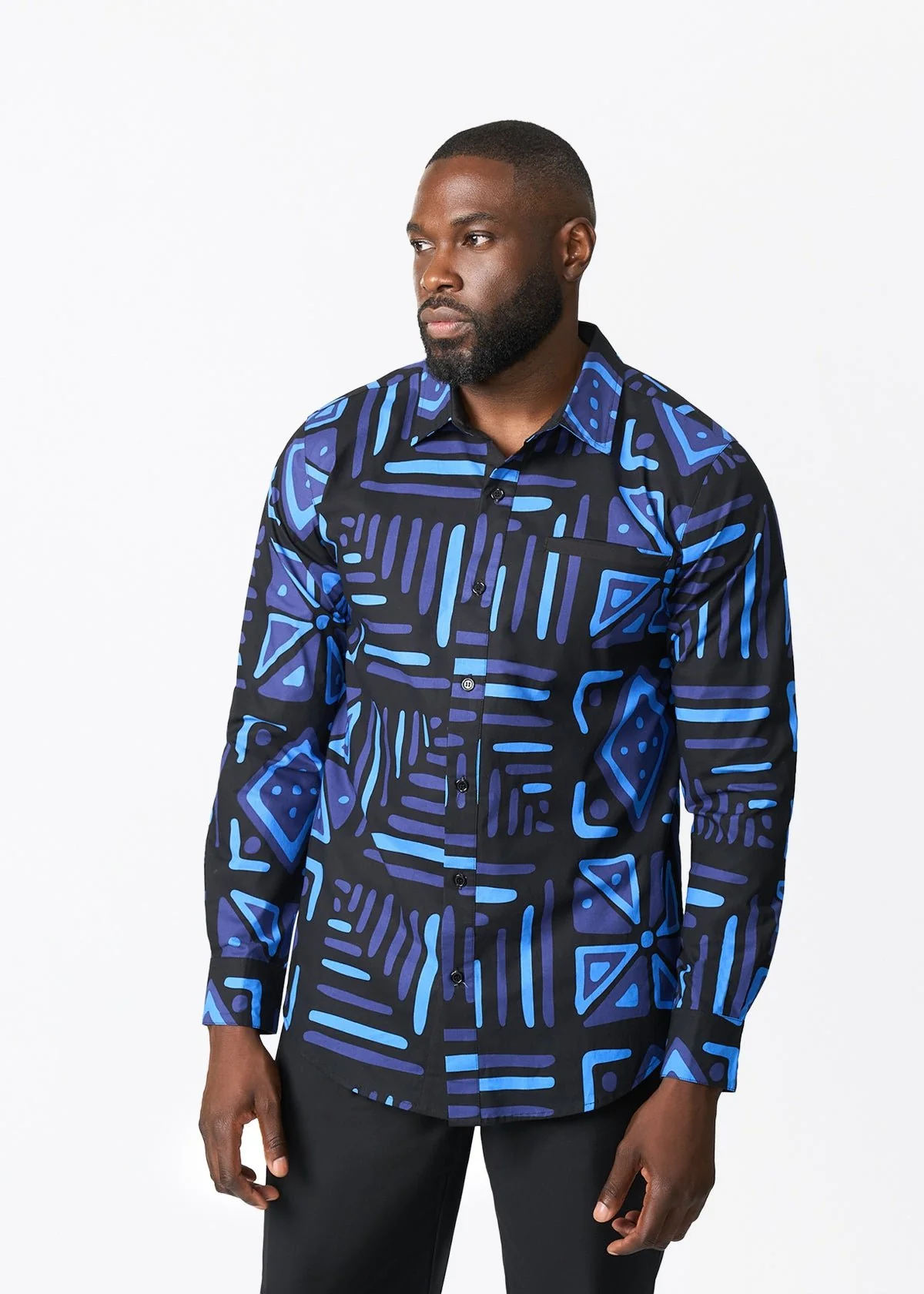 Mazi Men's African Print Button-up Shirt (Black Sapphire Tribal) - Image 4