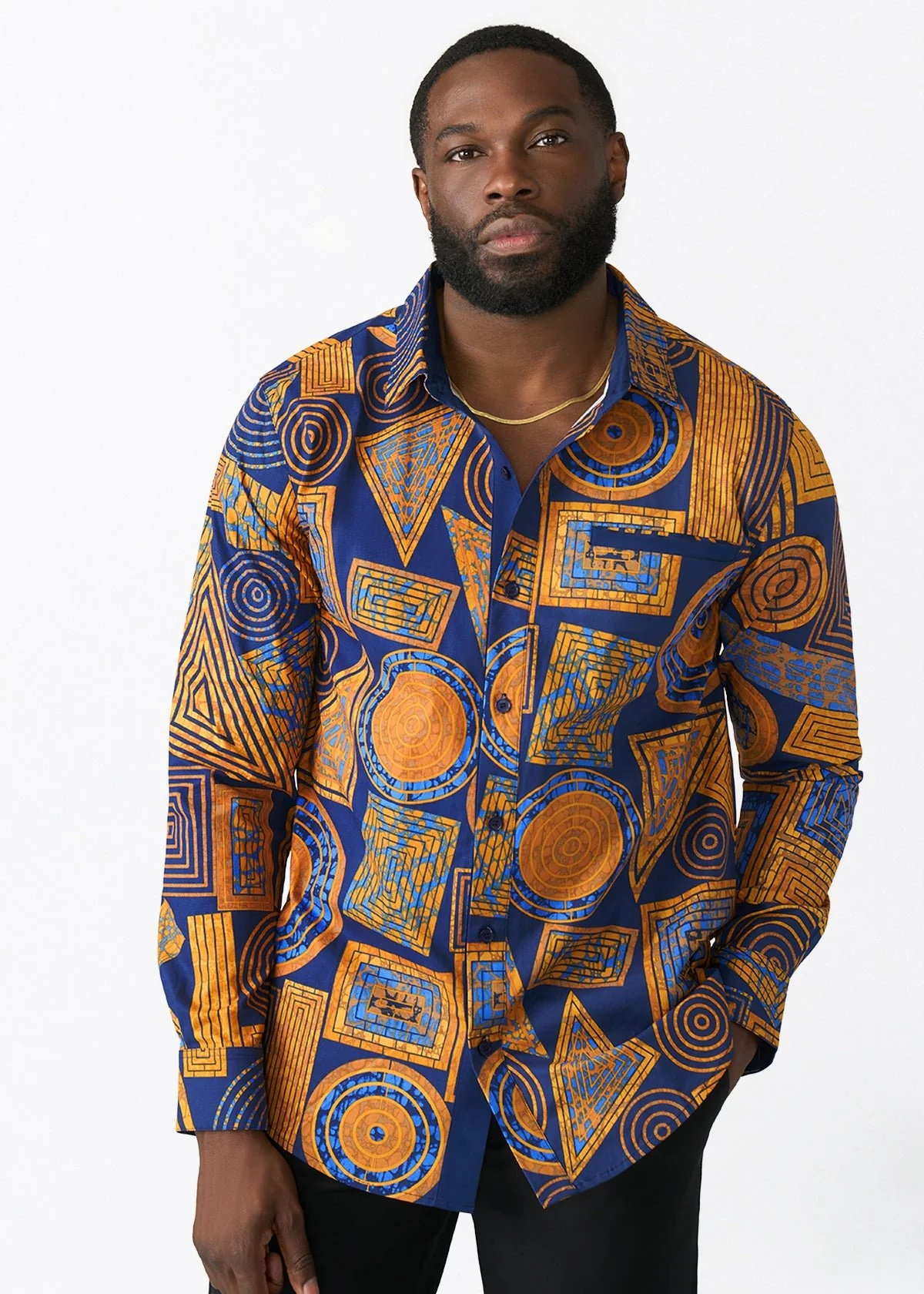 Mazi Men's African Print Button-up Shirt (Royal Blue Geometric) - Image 2