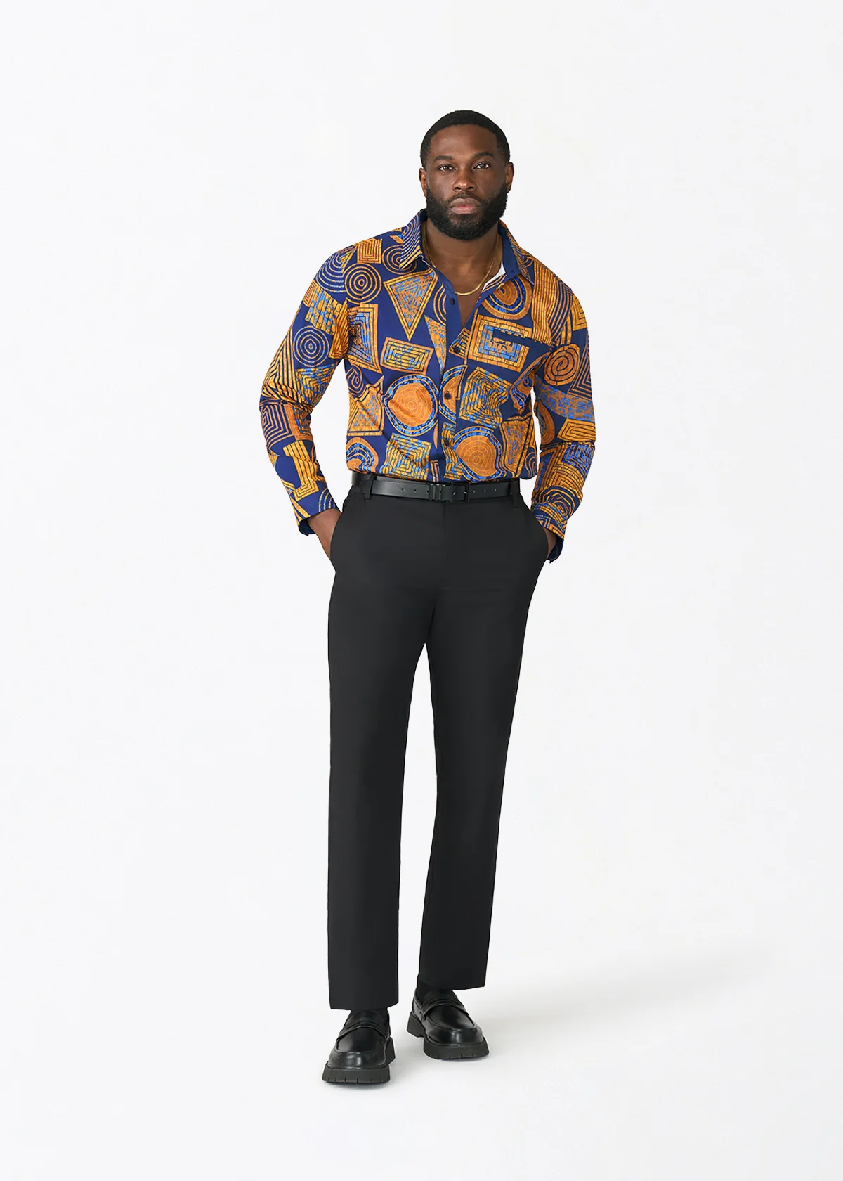Mazi Men's African Print Button-up Shirt (Royal Blue Geometric) - Image 3