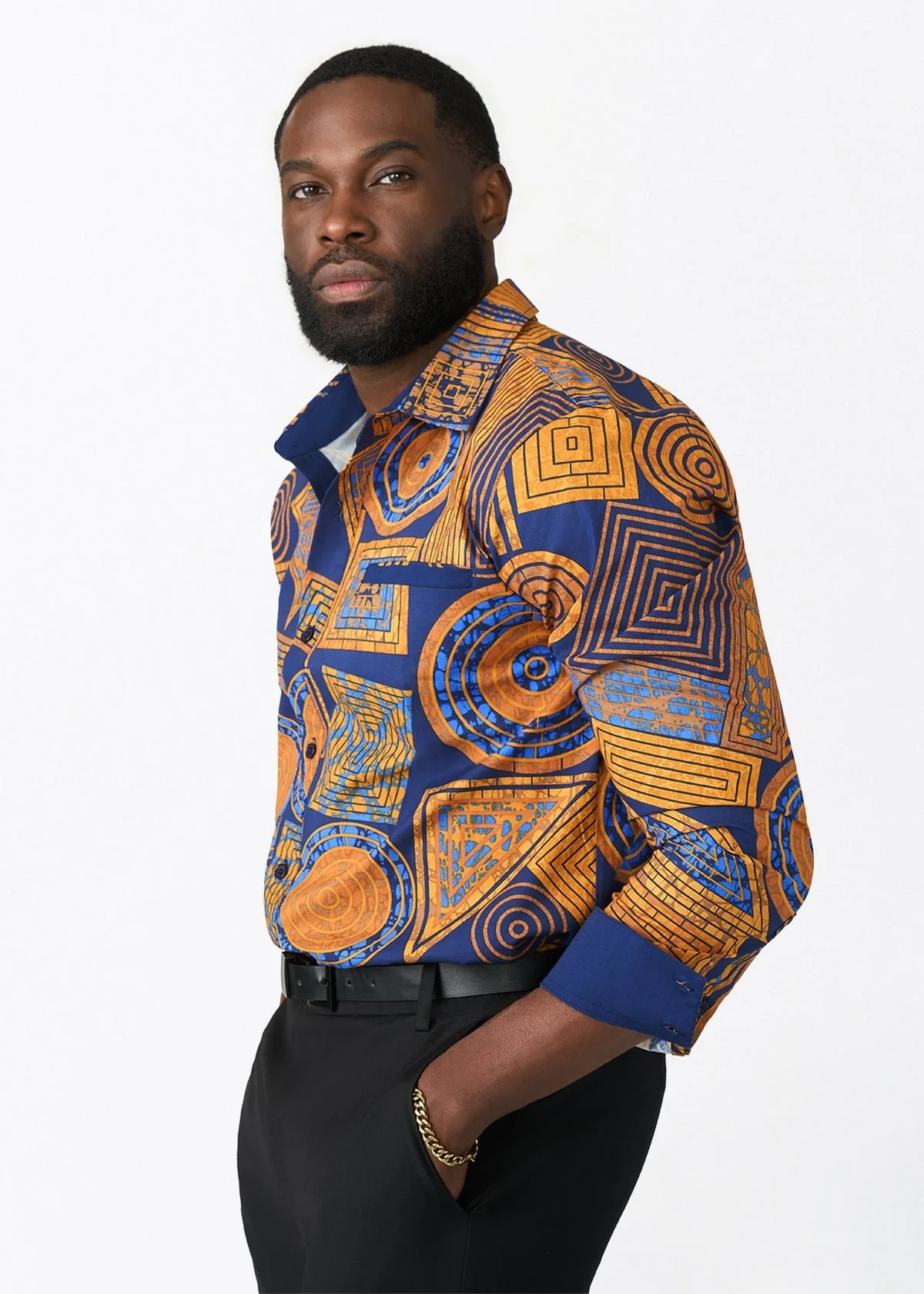 Mazi Men's African Print Button-up Shirt (Royal Blue Geometric) - Image 4