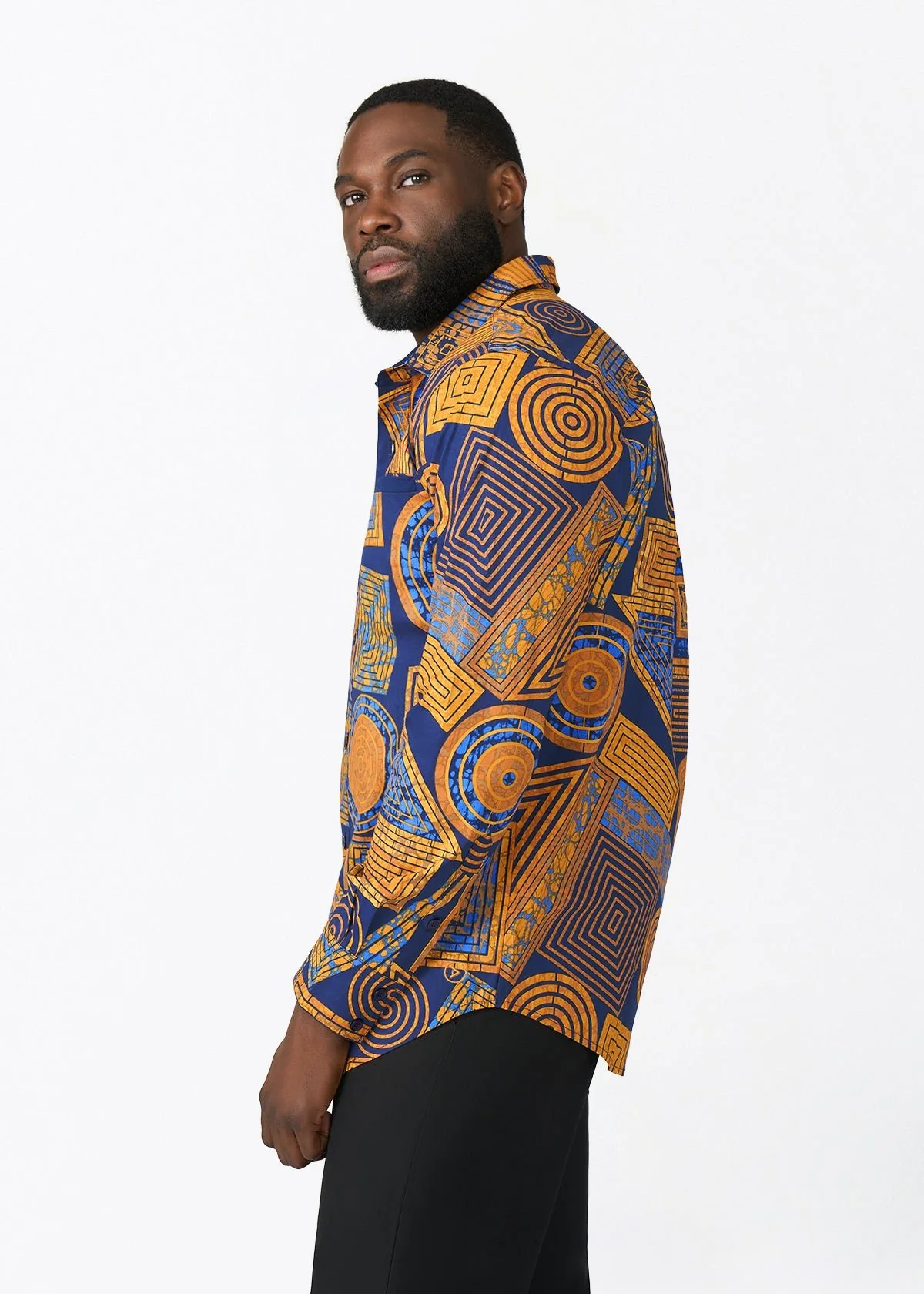 Mazi Men's African Print Button-up Shirt (Royal Blue Geometric) - Image 6