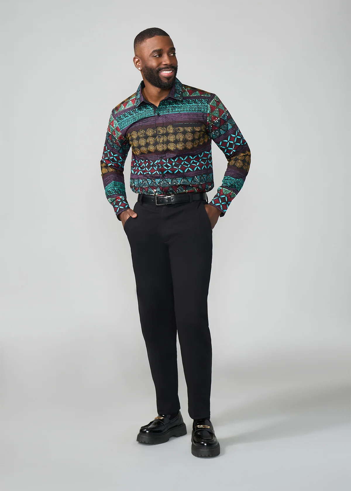 Mazi Men's African Print Button-up Shirt (Teal Maroon Multipattern) - Image 2
