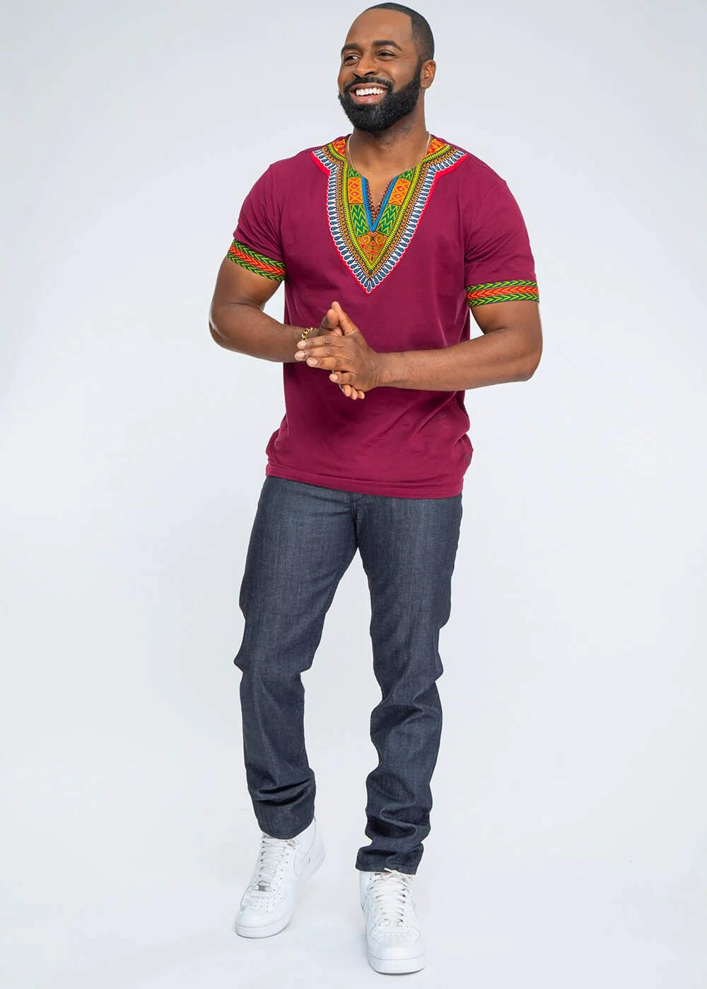 Men's African Print Dashiki T-Shirt (Deep Maroon) - Clearance - Image 3