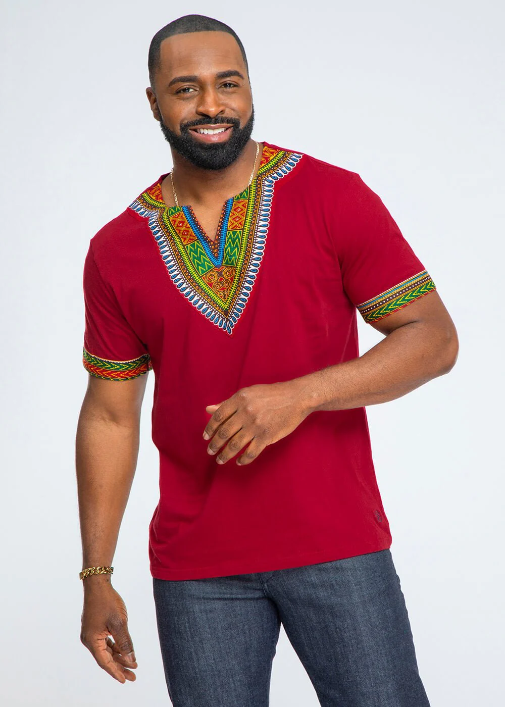 Men's African Print Dashiki T-Shirt (Maroon) - Clearance - Image 5