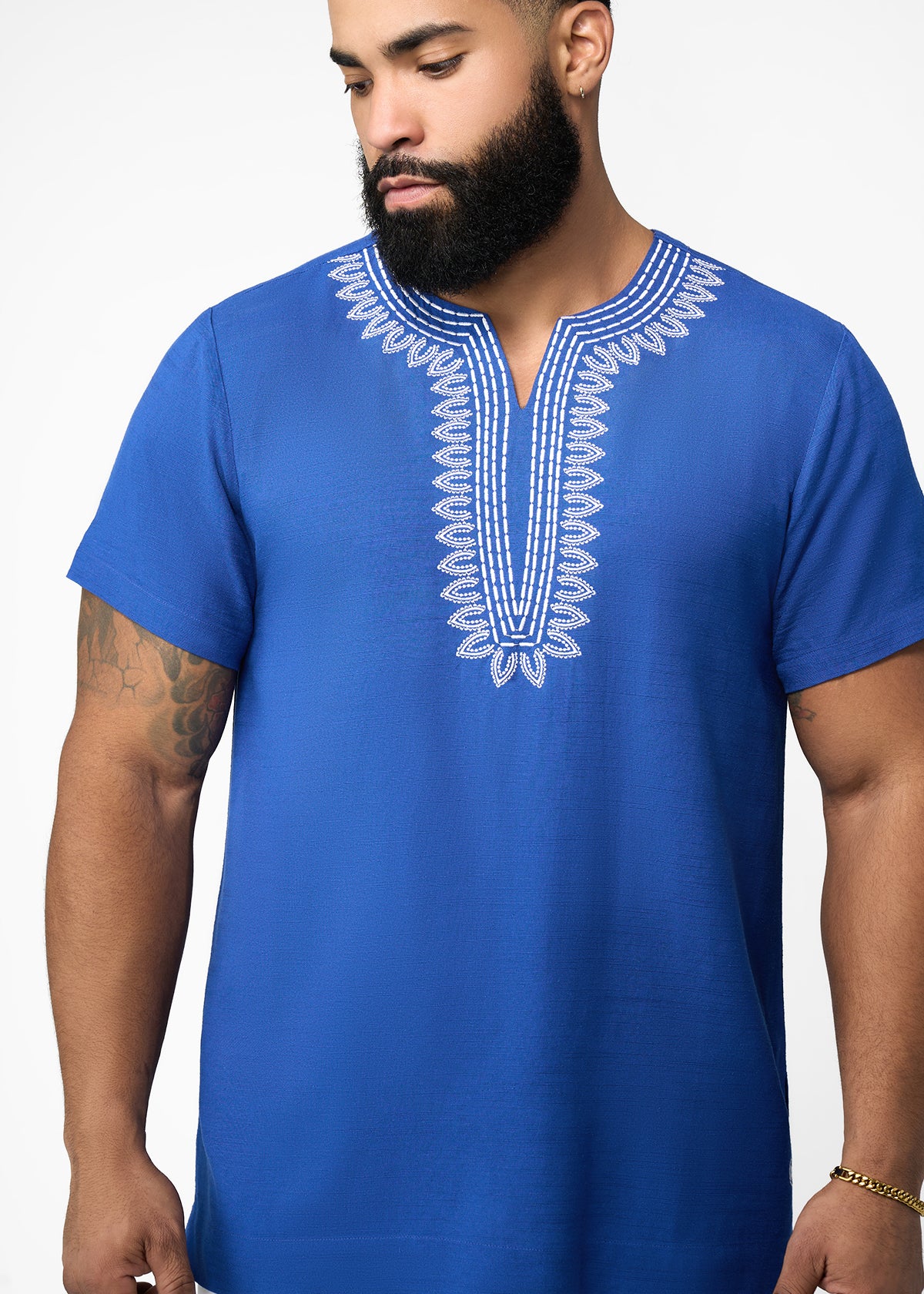 Izibili Men's Embroidered African Linen Blend Tunic (Cobalt)