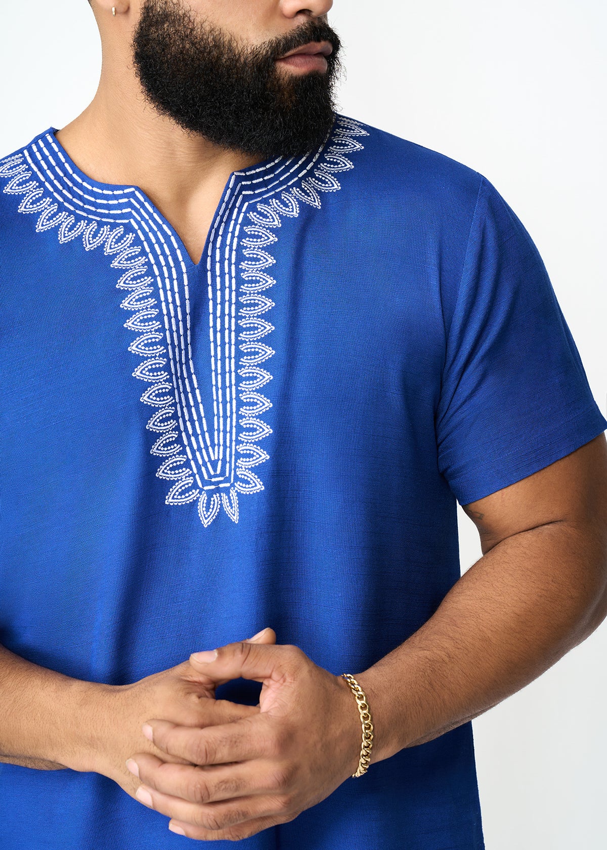 Izibili Men's Embroidered African Linen Blend Tunic (Cobalt) - Image 3