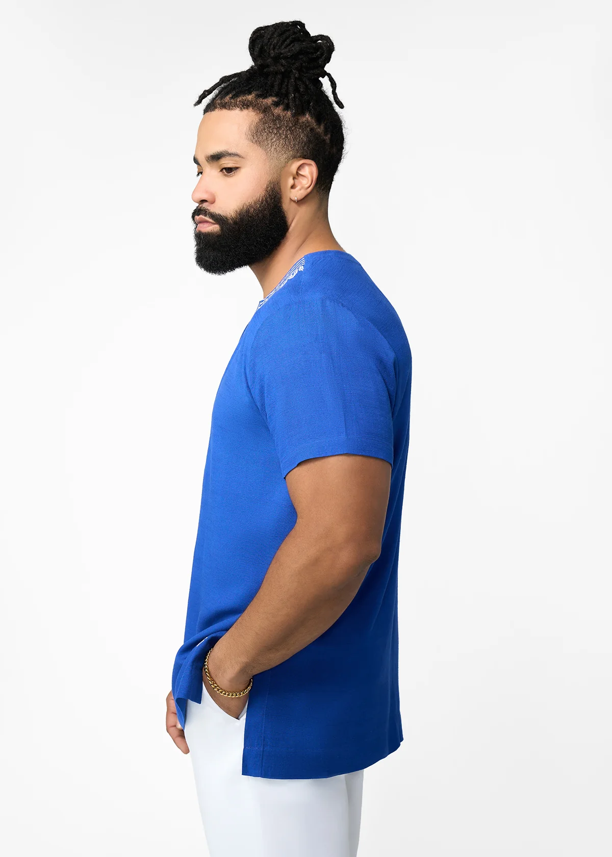 Izibili Men's Embroidered African Linen Blend Tunic (Cobalt) - Image 6