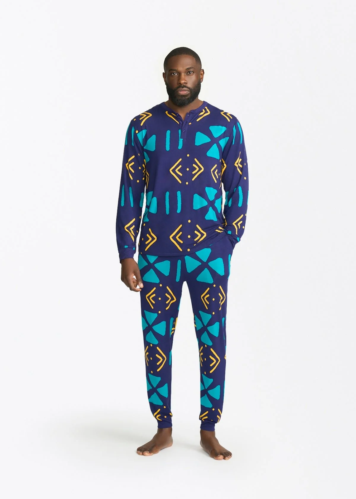 Mobisi Men's African Print Pajama Set (Navy Gold Mudcloth)