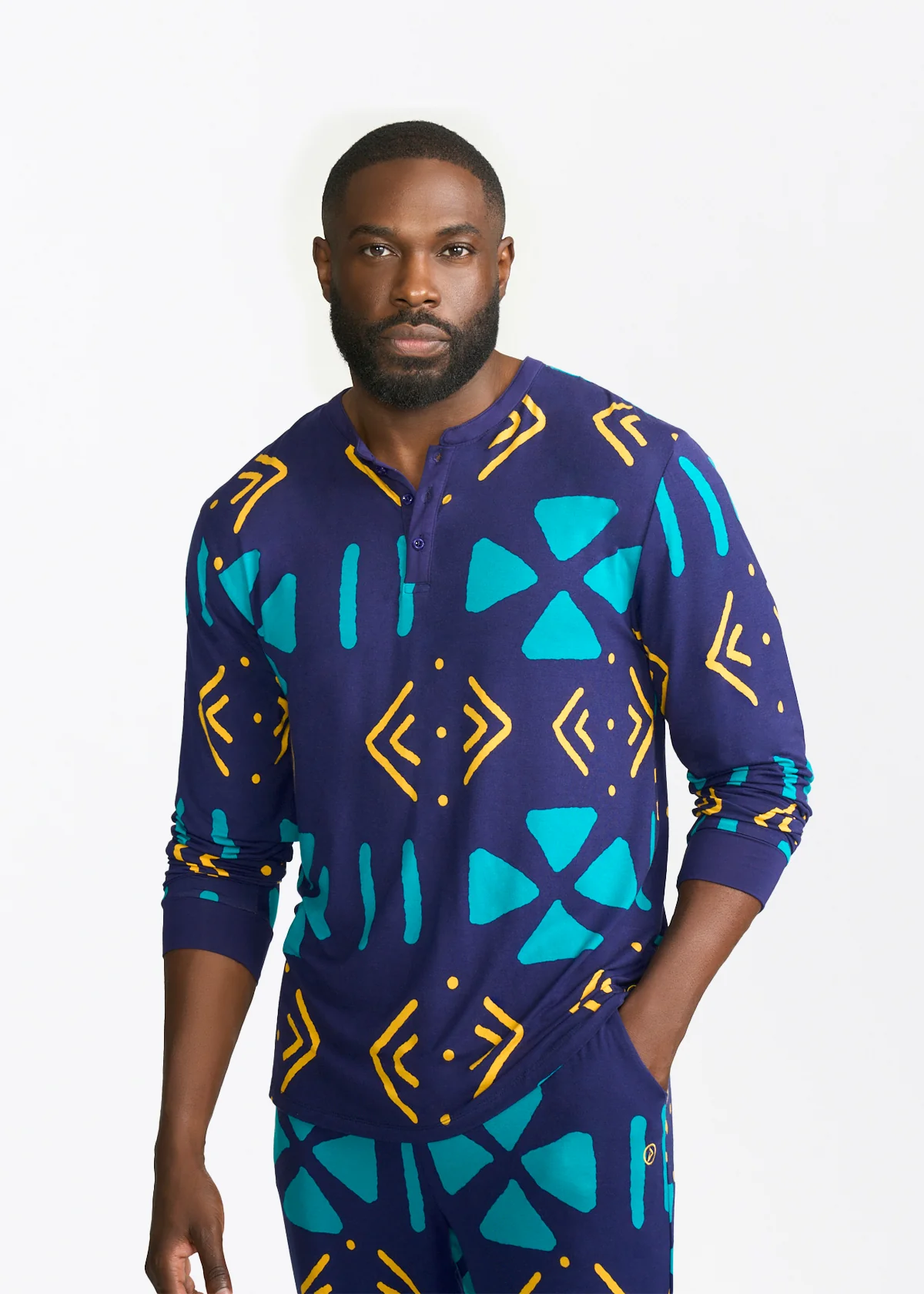 Mobisi Men's African Print Pajama Set (Navy Gold Mudcloth) - Image 2