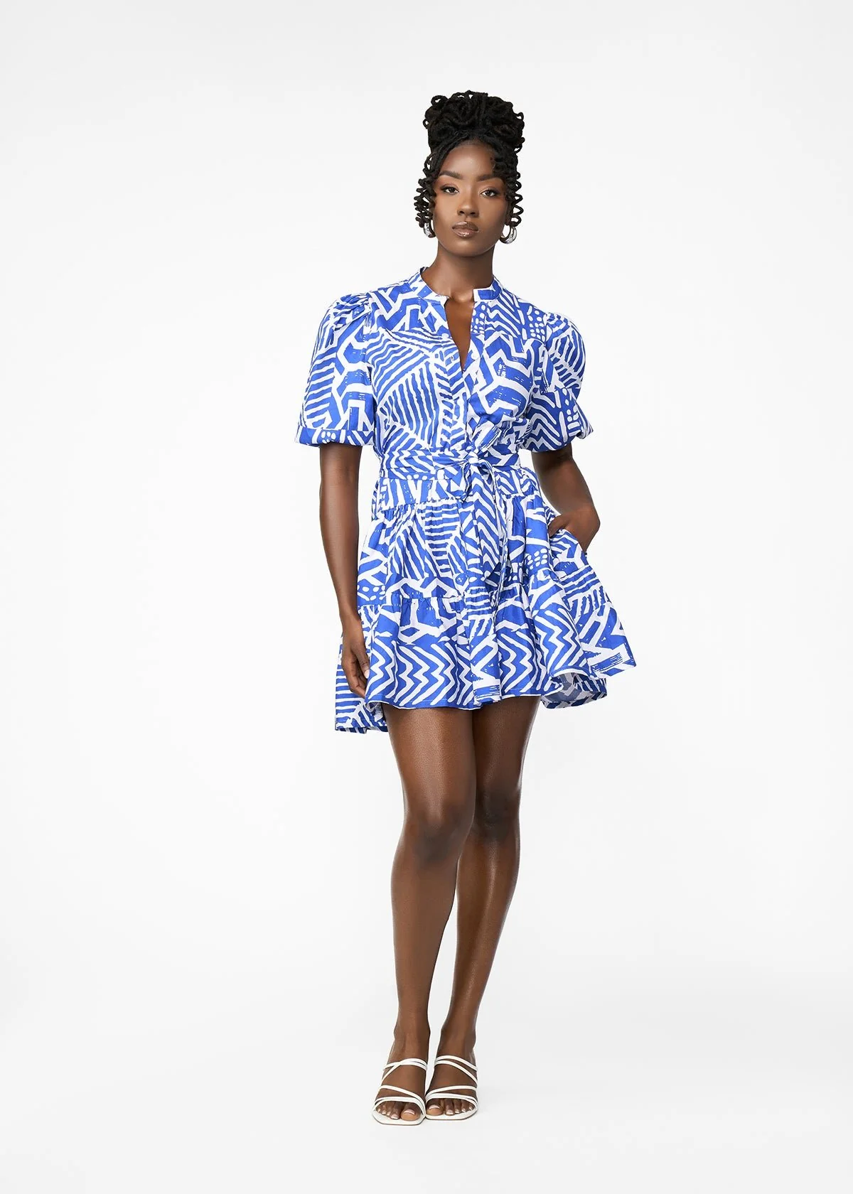 Mojisola Women's African Print Puff Sleeve Mini Dress (White Cobalt Tribal) - Image 3
