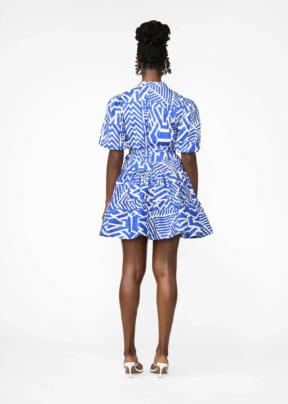 Mojisola Women's African Print Puff Sleeve Mini Dress (White Cobalt Tribal) - Image 7