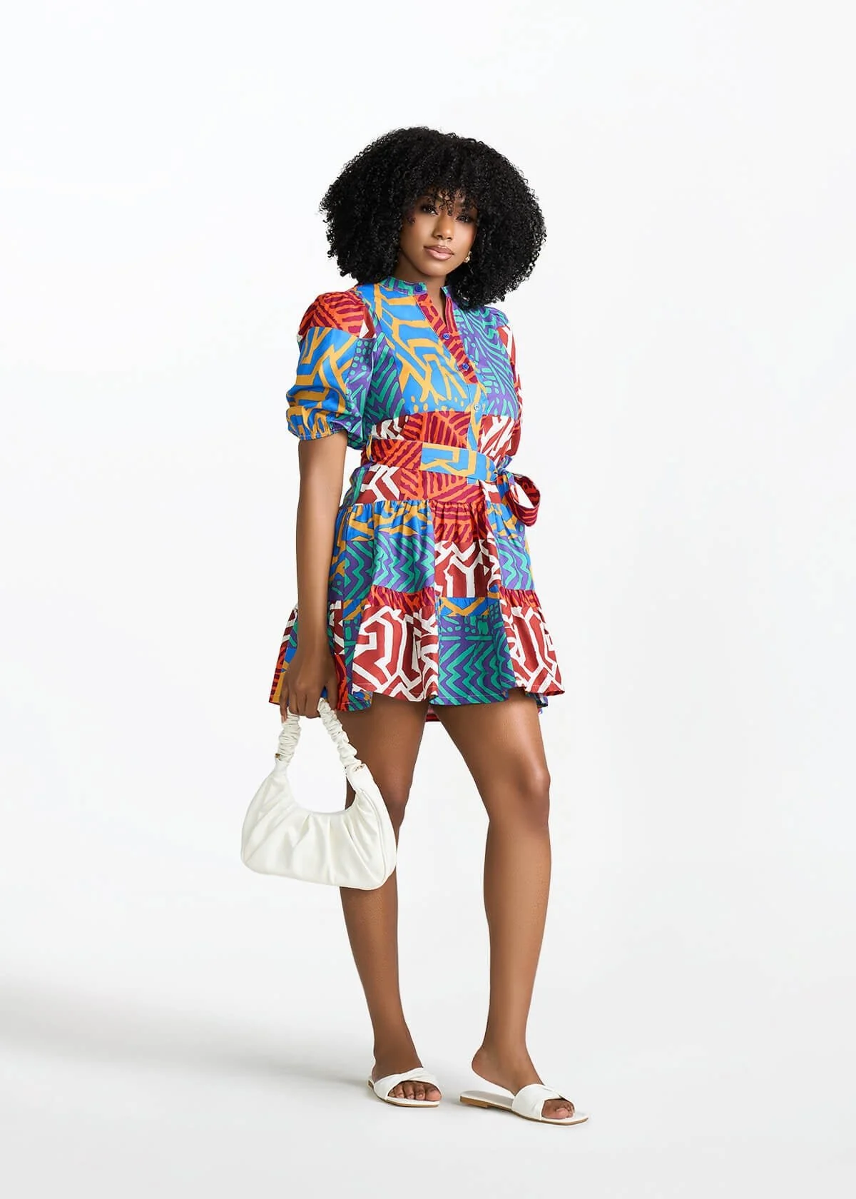 Mojisola Women's African Print Puff Sleeve Mini Dress (Orange Blue Multipattern) - Image 3