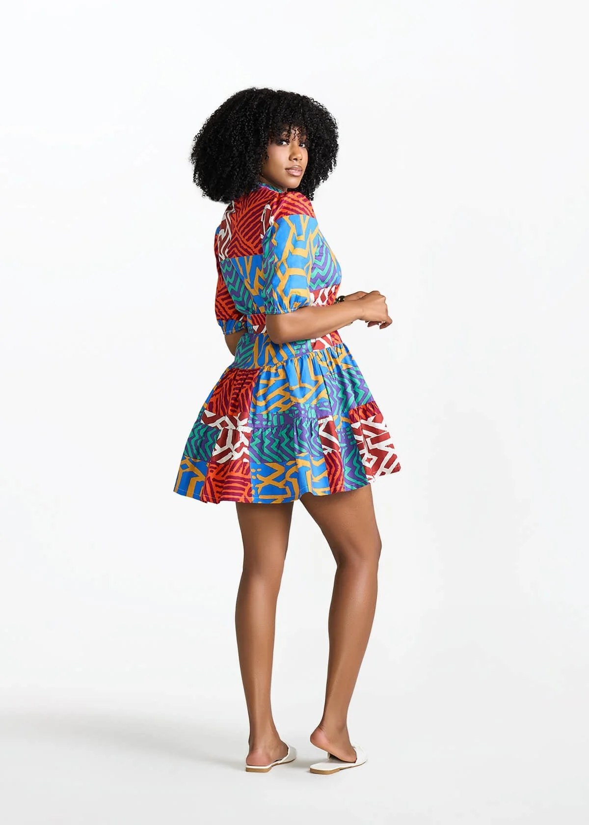 Mojisola Women's African Print Puff Sleeve Mini Dress (Orange Blue Multipattern) - Image 4