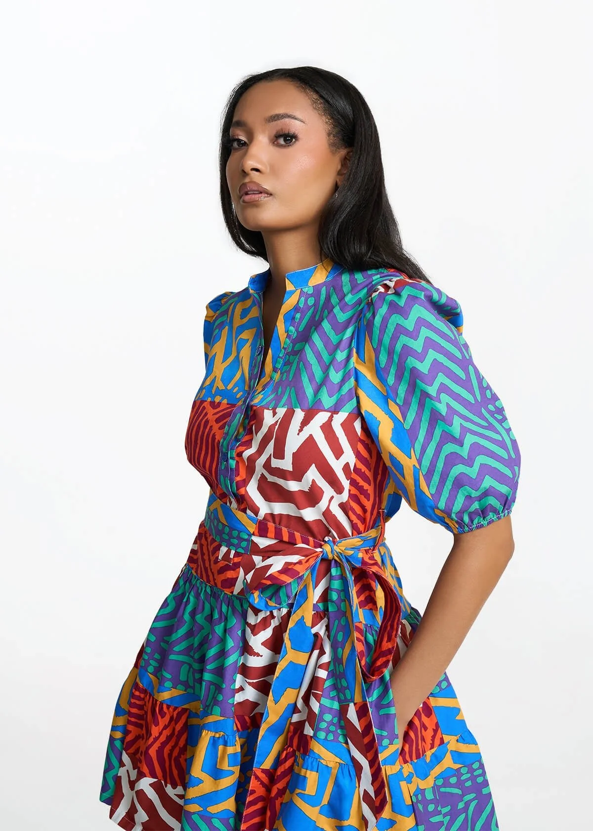 Mojisola Women's African Print Puff Sleeve Mini Dress (Orange Blue Multipattern) - Image 5