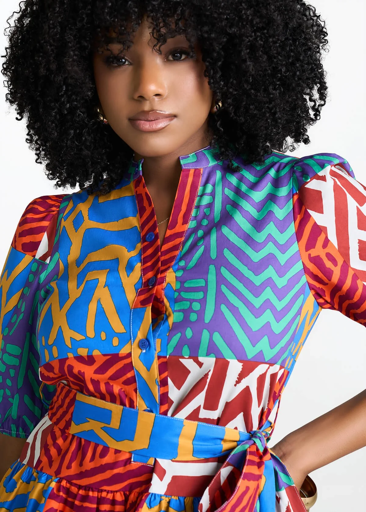 Mojisola Women's African Print Puff Sleeve Mini Dress (Orange Blue Multipattern) - Image 6