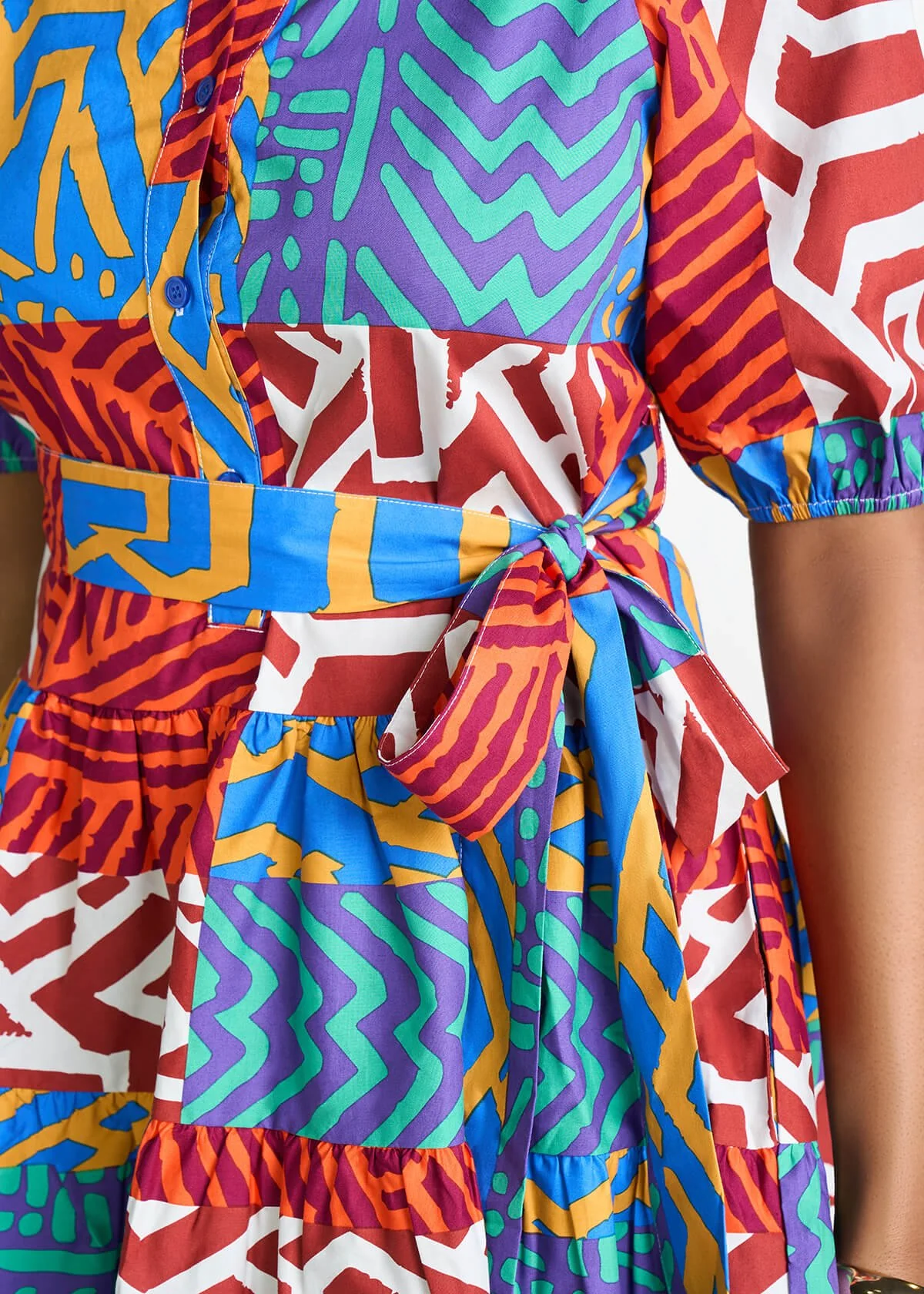 Mojisola Women's African Print Puff Sleeve Mini Dress (Orange Blue Multipattern) - Image 7