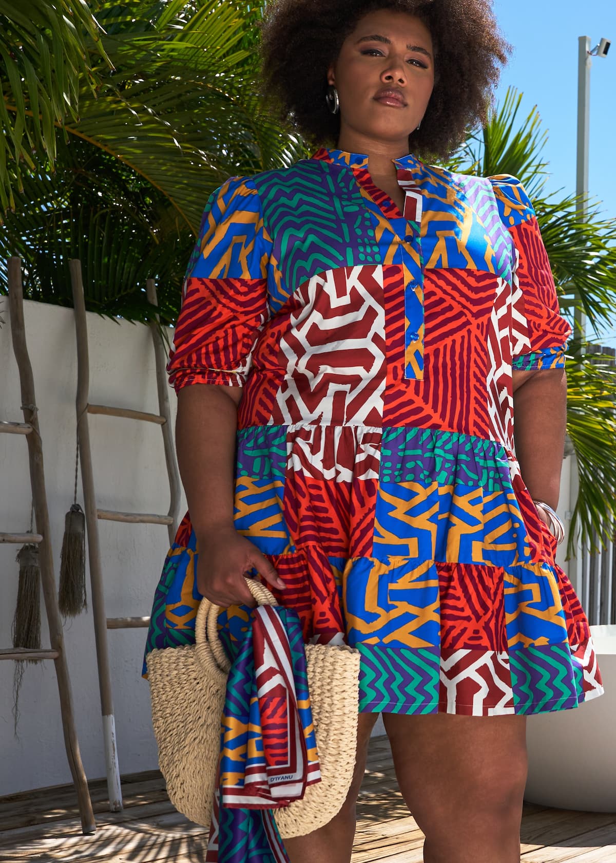 Mojisola Women's African Print Puff Sleeve Mini Dress (Orange Blue Multipattern) - Image 8