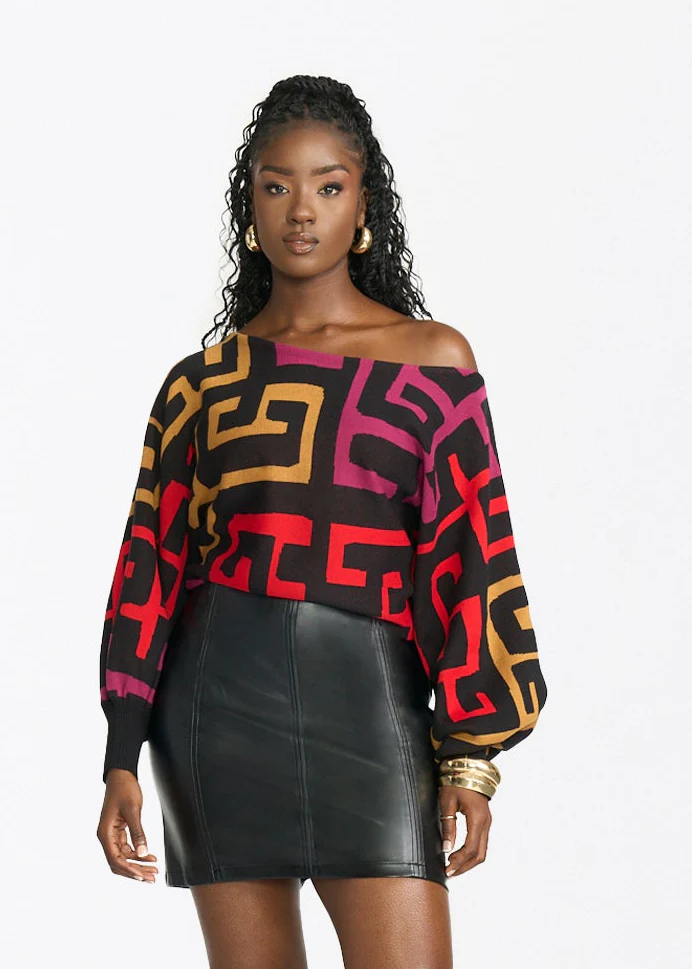 Nafeesa Women's African Print Cropped Sweater (Black Berry Kuba)