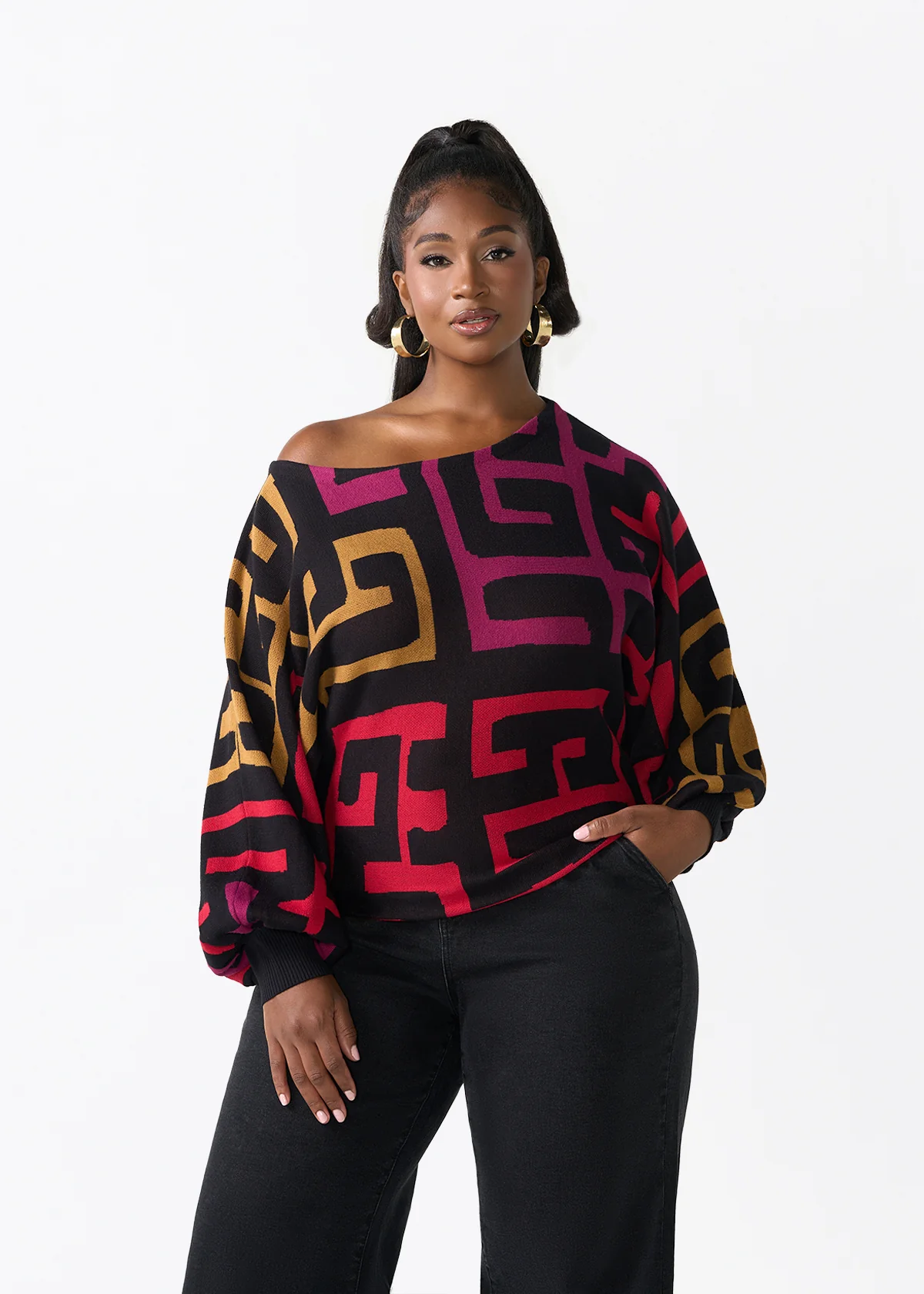 Nafeesa Women's African Print Cropped Sweater (Black Berry Kuba) - Image 2