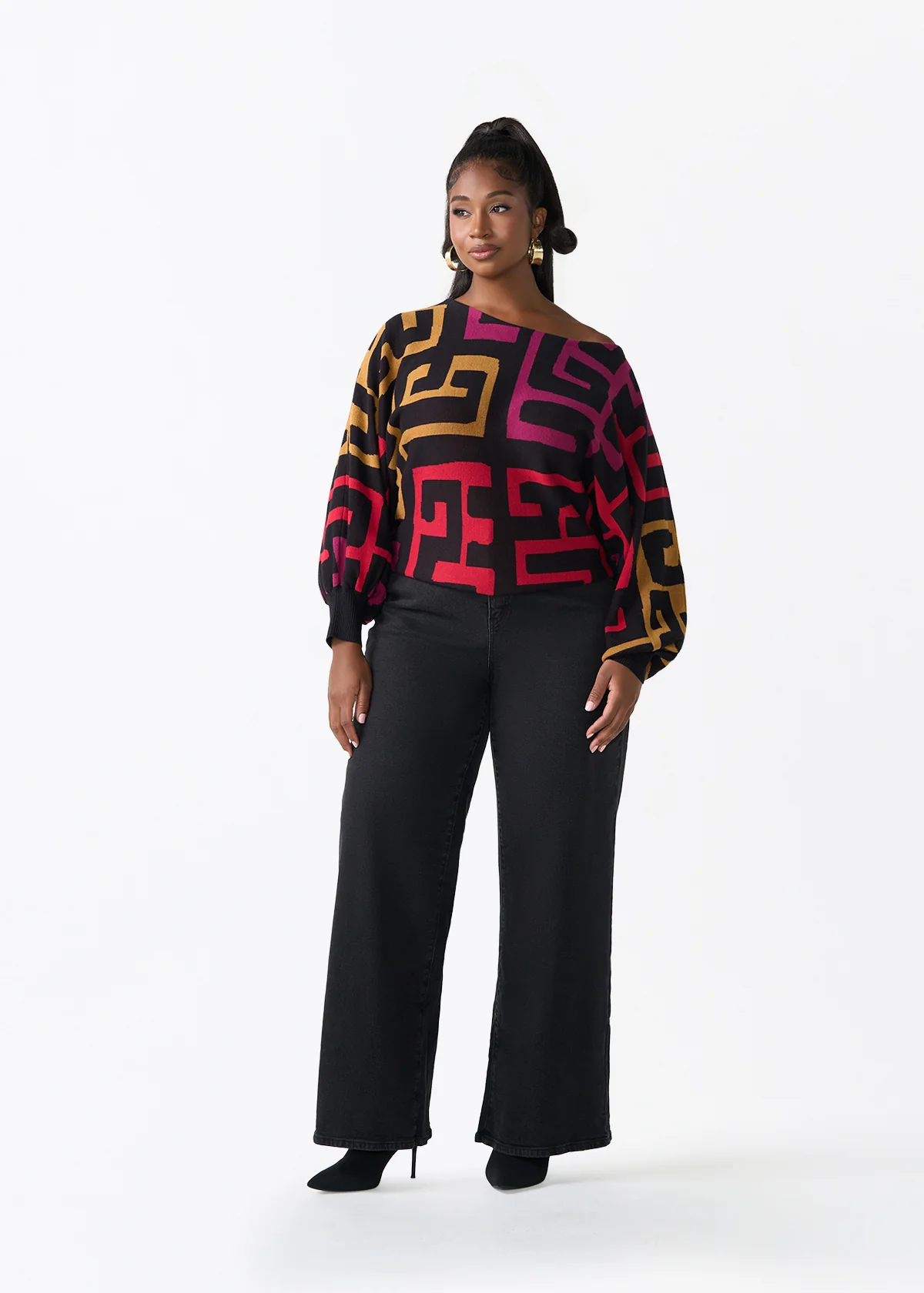 Nafeesa Women's African Print Cropped Sweater (Black Berry Kuba) - Image 3