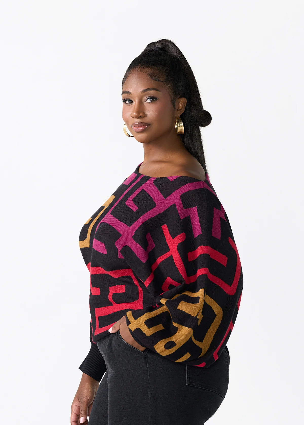 Nafeesa Women's African Print Cropped Sweater (Black Berry Kuba) - Image 4