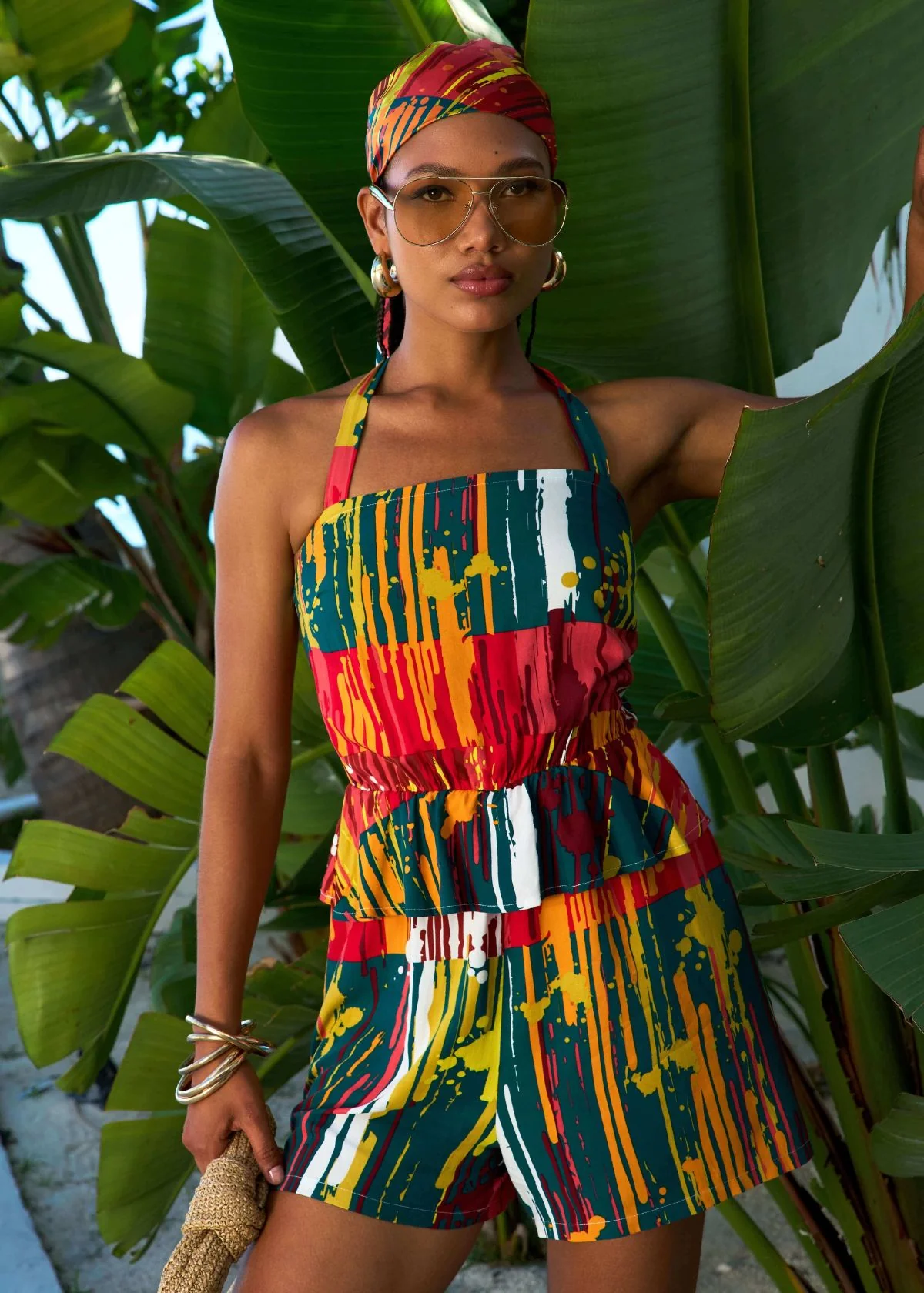 Nanjala Women's African Print Smocked Romper (Forest Paint Splatter)
