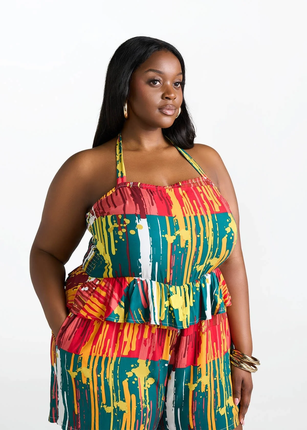 Nanjala Women's African Print Smocked Romper (Forest Paint Splatter) - Image 3