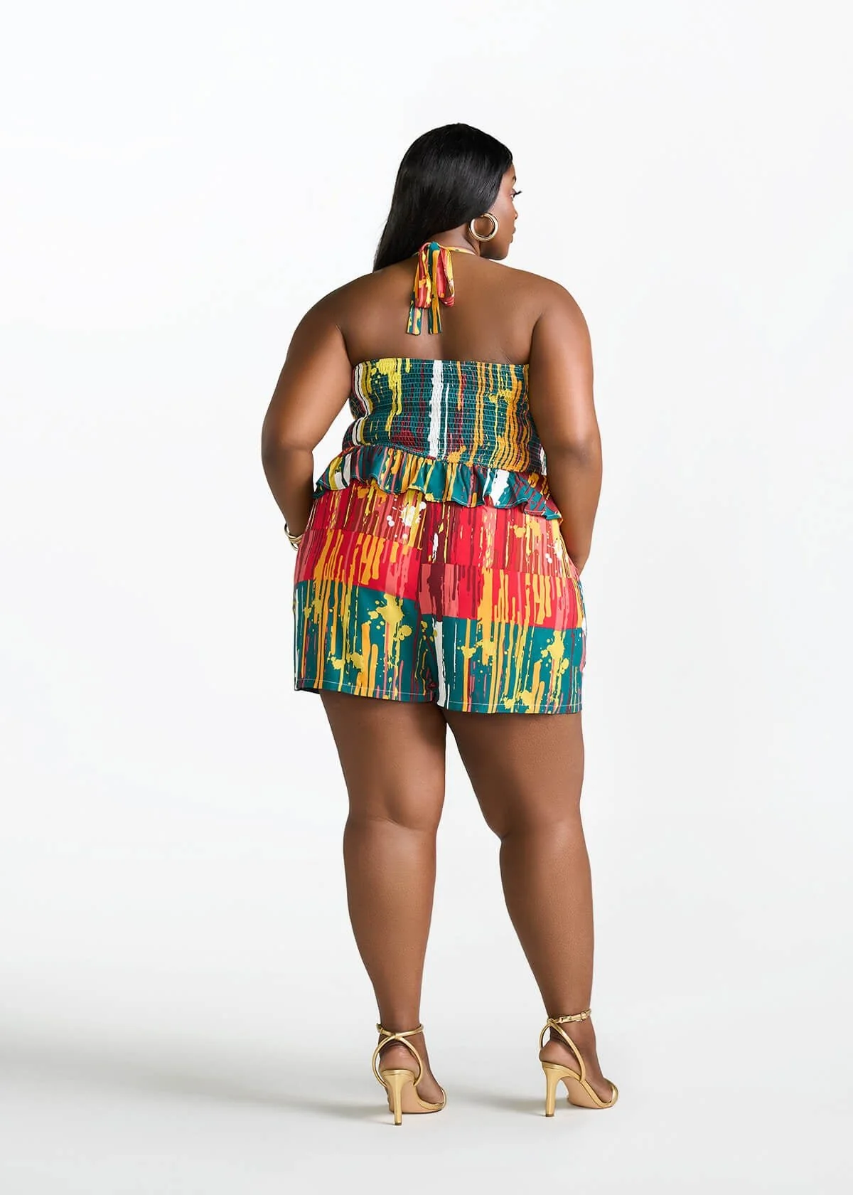 Nanjala Women's African Print Smocked Romper (Forest Paint Splatter) - Image 5