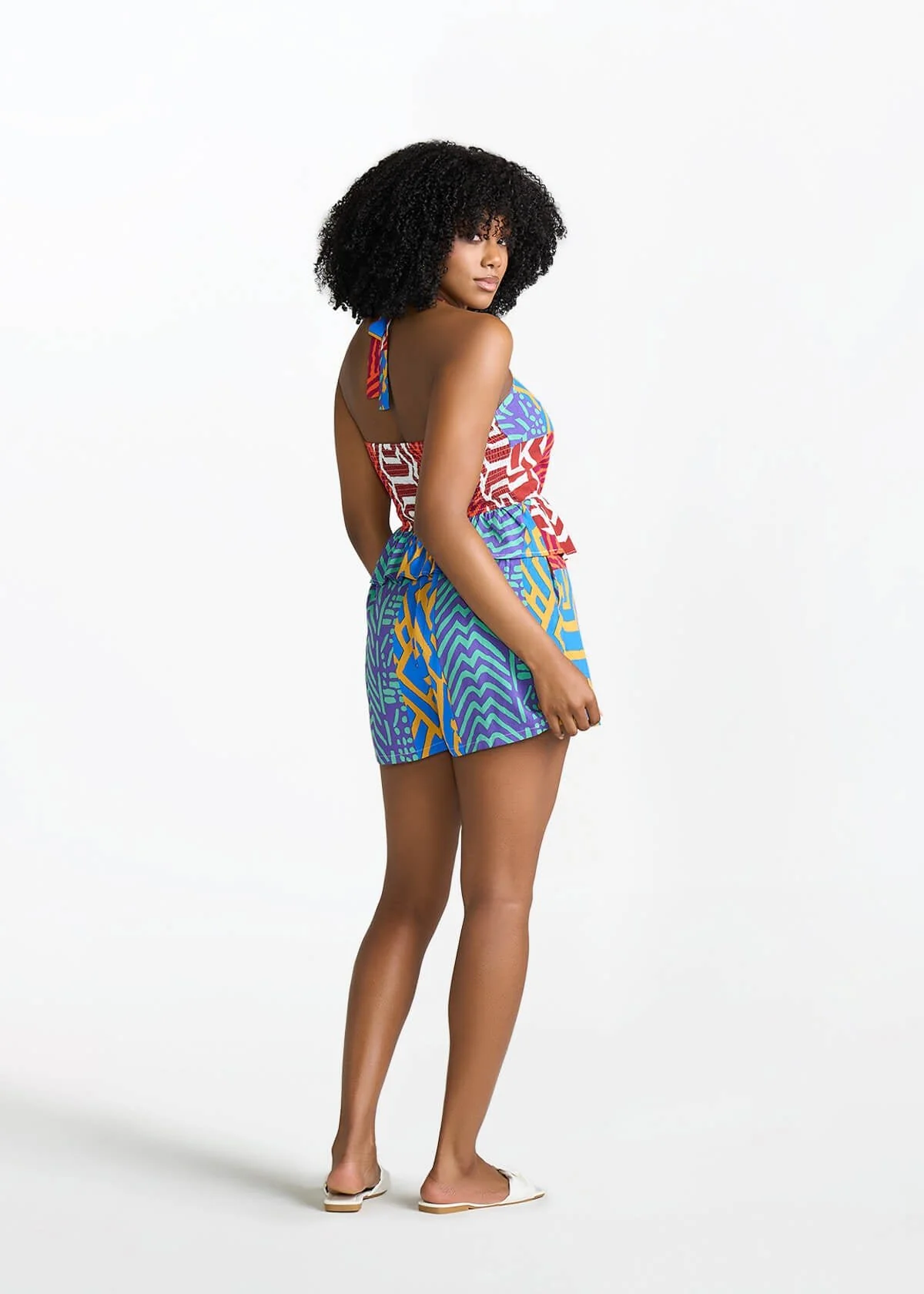 Nanjala Women's African Print Smocked Romper (Orange Blue Multipattern) - Image 3