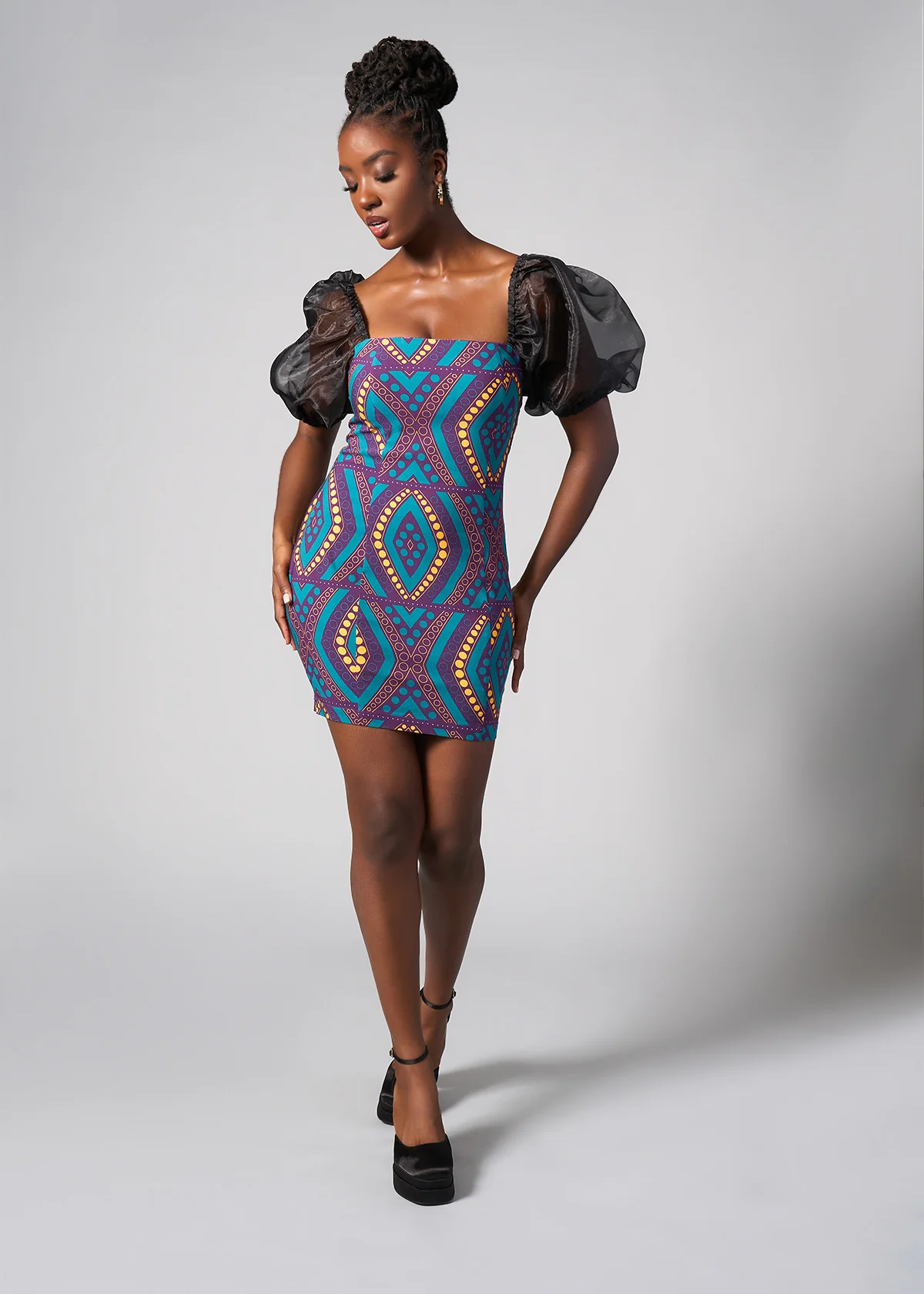 Nayana African Print Stretch Organza Sleeves  Dress (Emerald Retro Diamonds) - Clearance - Image 3
