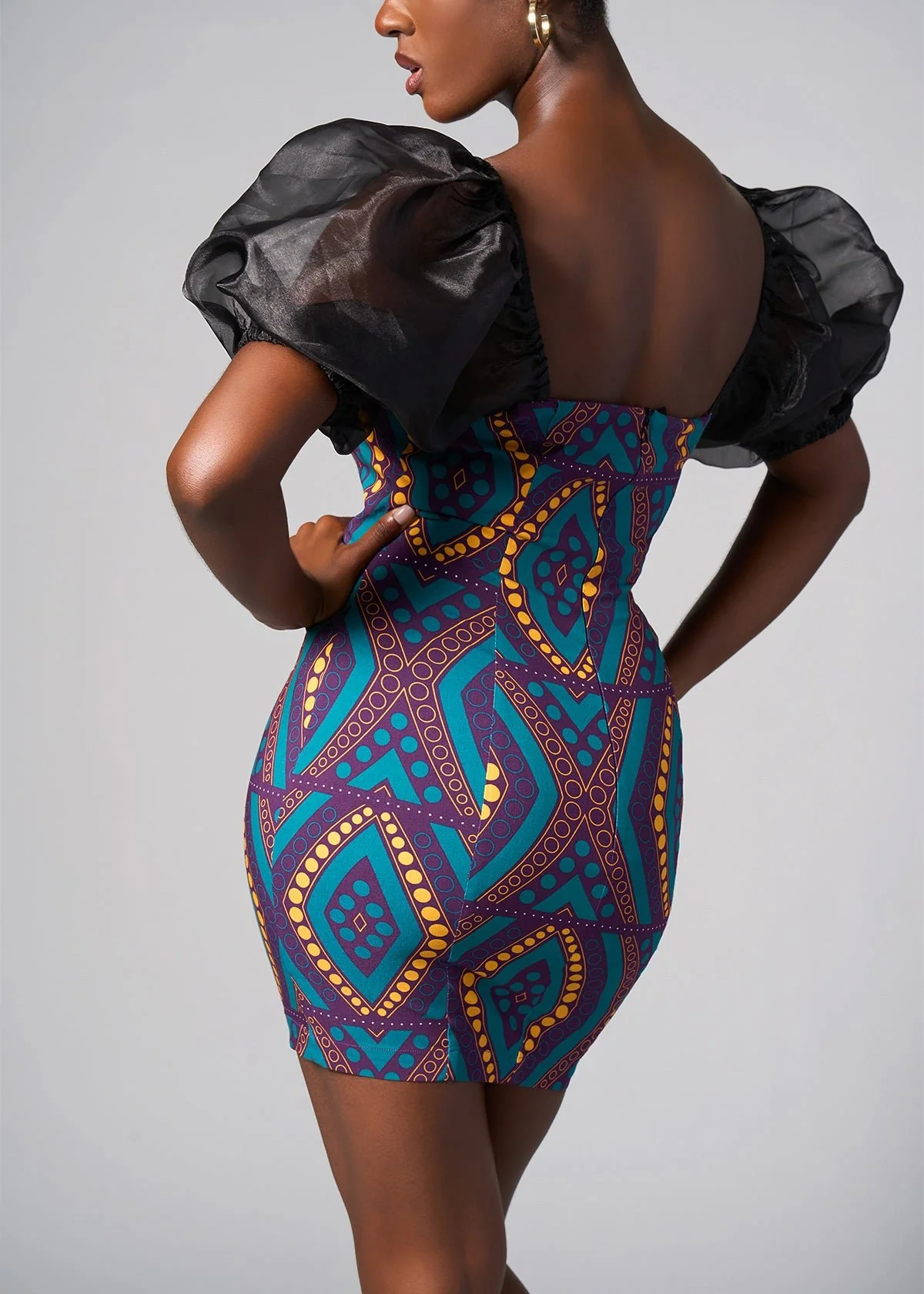 Nayana African Print Stretch Organza Sleeves  Dress (Emerald Retro Diamonds) - Clearance - Image 4