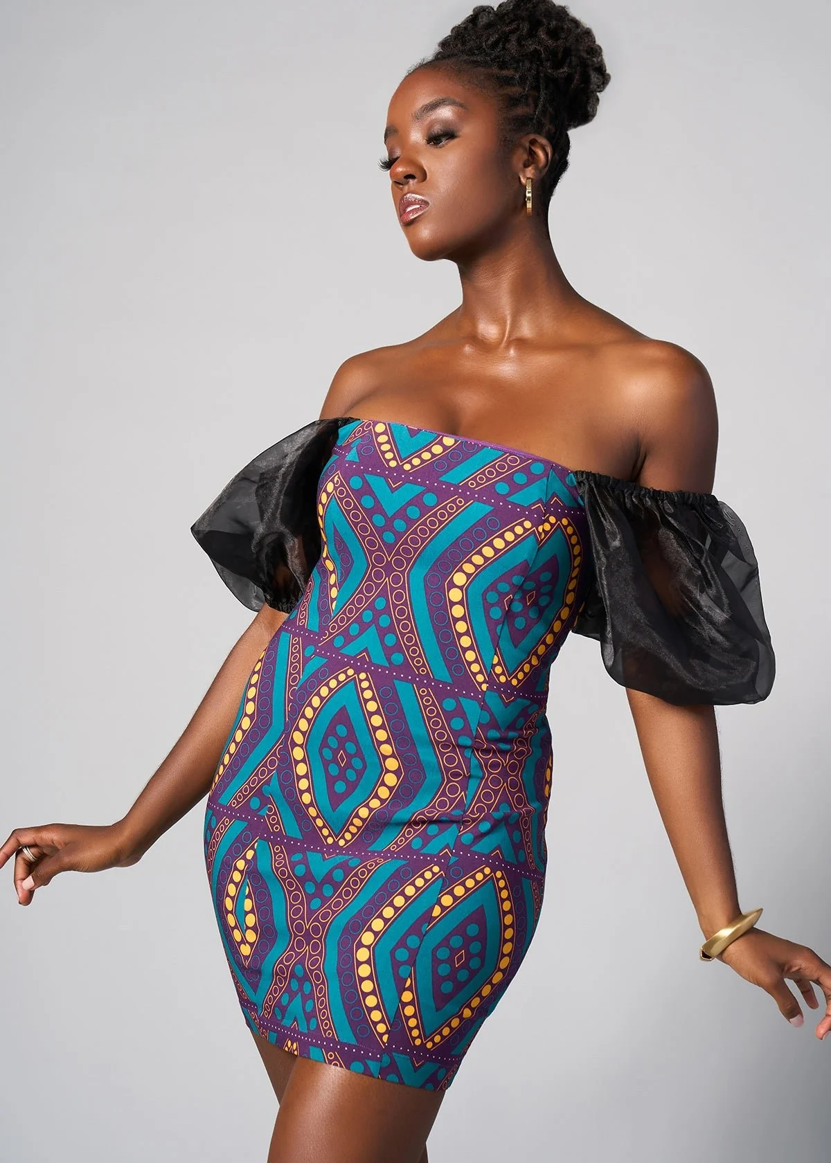 Nayana African Print Stretch Organza Sleeves  Dress (Emerald Retro Diamonds) - Clearance - Image 6