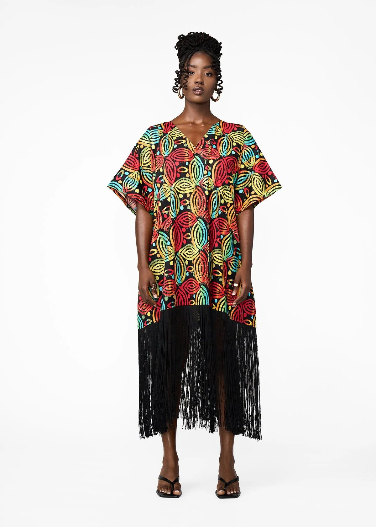 Nima Women's African Print Kaftan With Fringe (Black Rasta Batik) - Clearance